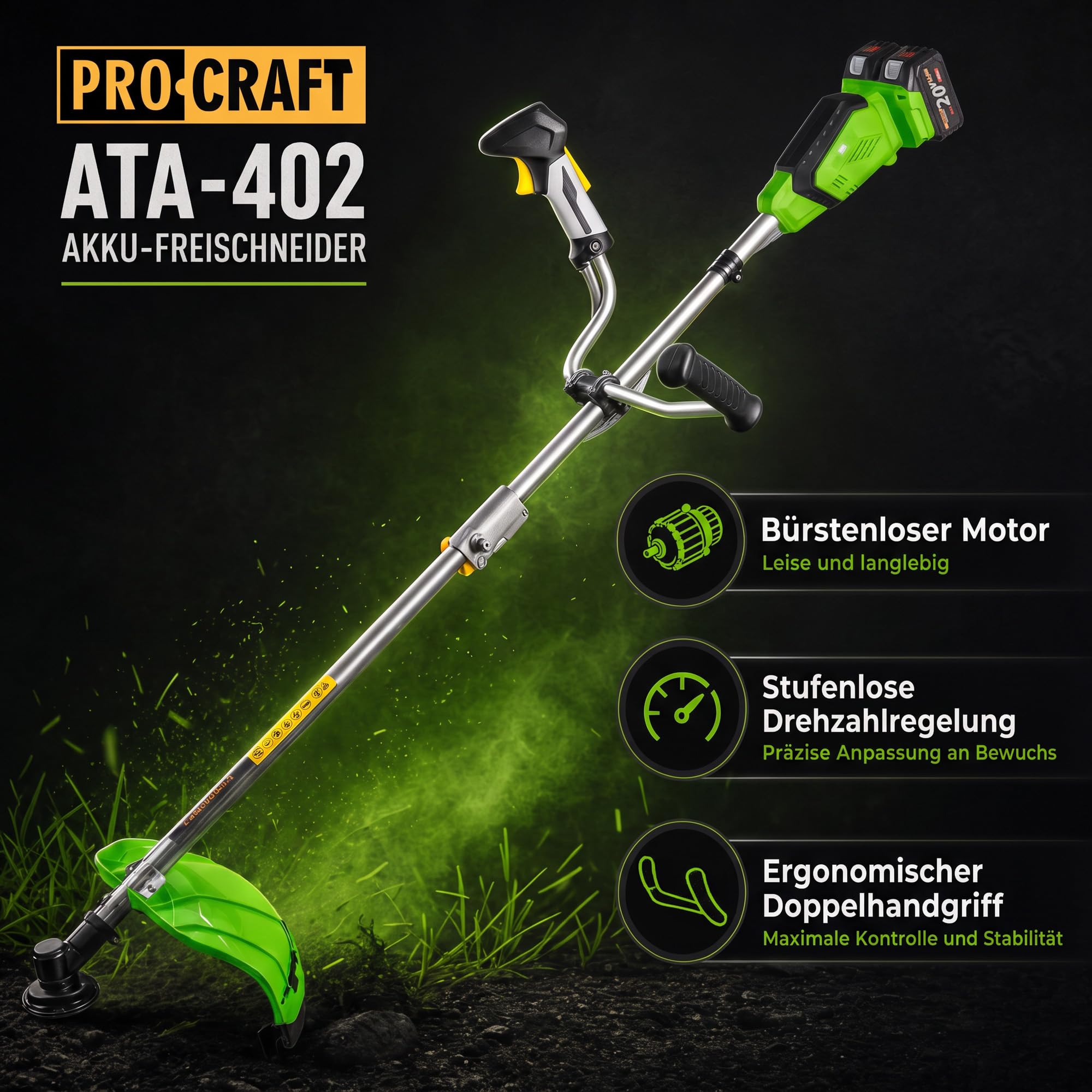Procraft ATA-40/2 akumulatorowa podkaszarka 40 V (2 x 20 V) 220 mm bezszczotkowa + 2 x akumulator 4,0 Ah + ładowarka