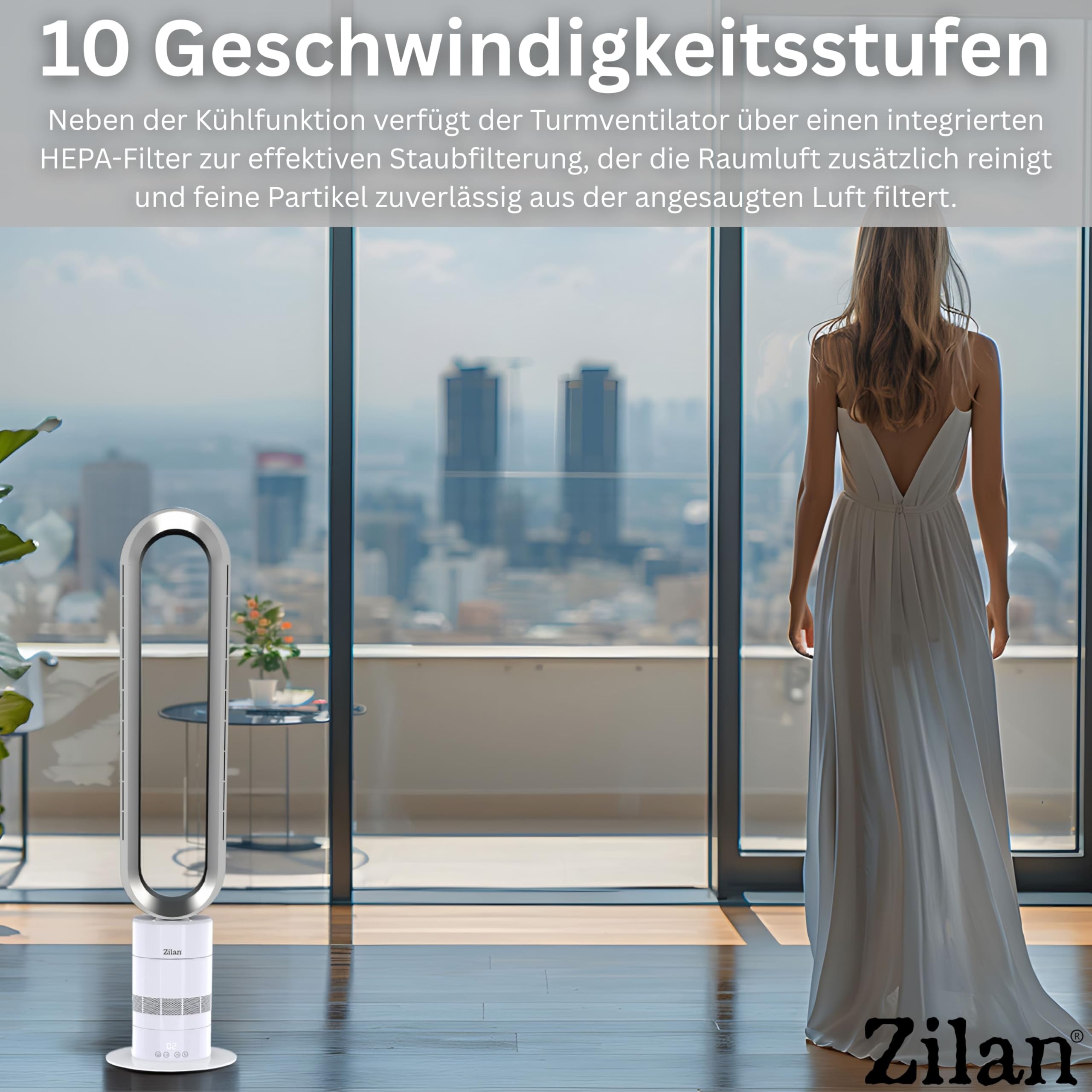 Zilan Turmventilator leise mit Fernbedienung – energiesparender BLDC Motor Standventilator mit Kühlung - Säulenventilator 10 Sufen & 10 Modi, 900 m³/h, Oszillation, Timer, Touch Display