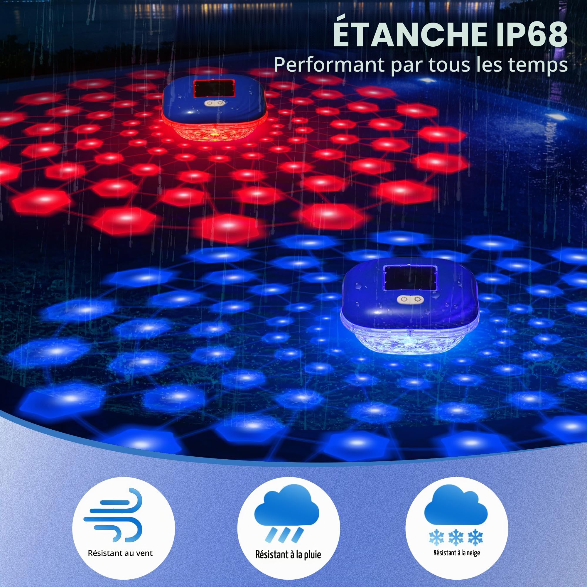 Luxfero Lampe Piscine Flottante Solaire, Lumiere Piscine avec 9 LED Spectacles Changeantes, Étanche IP68 Lumiere Piscine, Contrôle par touches, Éclairage Piscine Extérieure pour Étang Jardin -2 Pièces