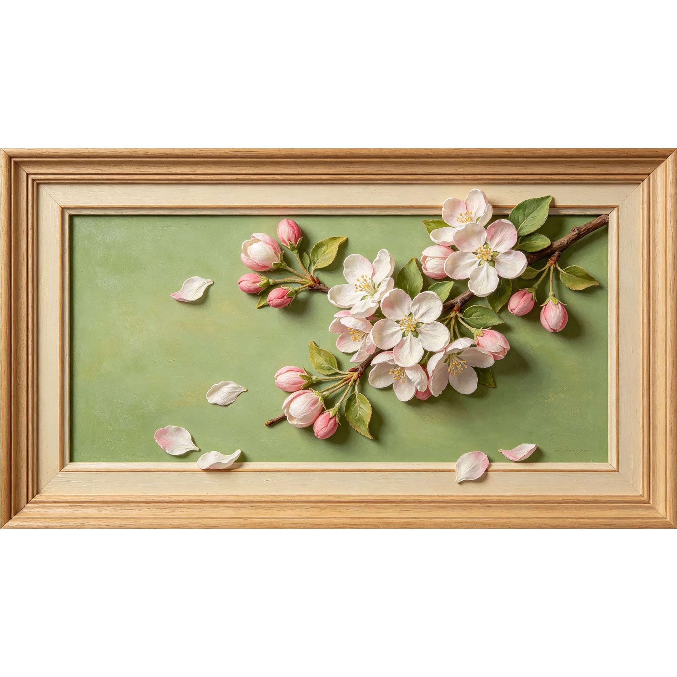 QZLITHOTIC 50x90cm3D Framed Wall Art， Botanical Blossom Branch Oil Painting Style Self‑Adhesive Mural， Water‑Activated Peel & Stick Fabric Decor Wall Decal for Bedroom Living Room