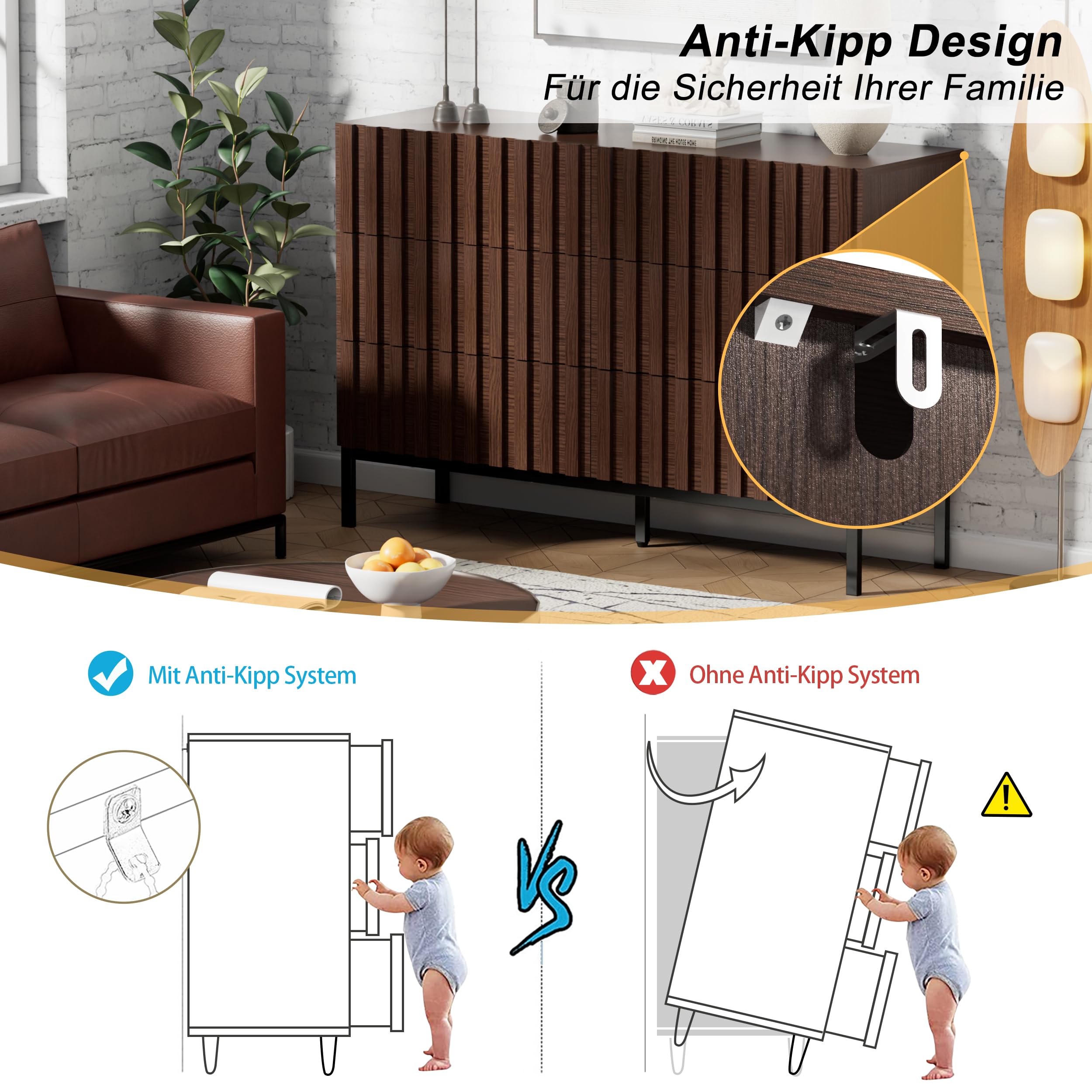 UEV Komoda z 6 szufladami 100 cm, wąska komoda, duża przestrzeń do przechowywania, szafka z przestronnym blatem górnym, do salonu, sypialni, metalowe nóżki, wzór drewna, 100 x 34,5 x 73,4 cm, brązowa