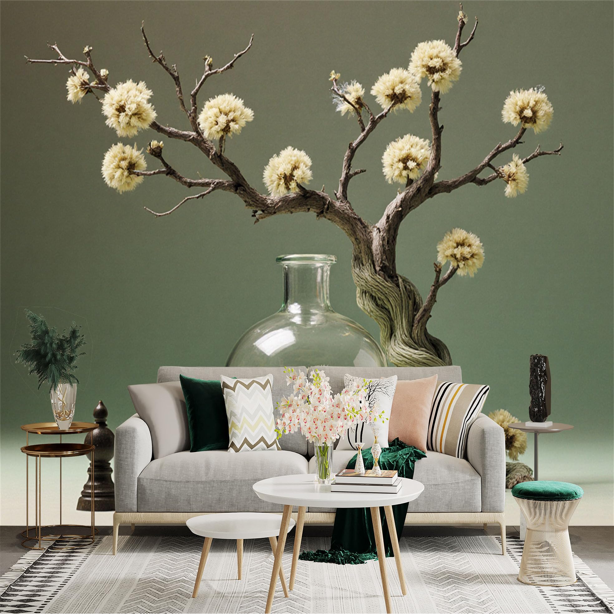 Custom Size Wall Sticker Mural， Artistic Bonsai Tree with Yellow Flowers and Glass Vase， for wall Decoration， peelandstick wall Decals.