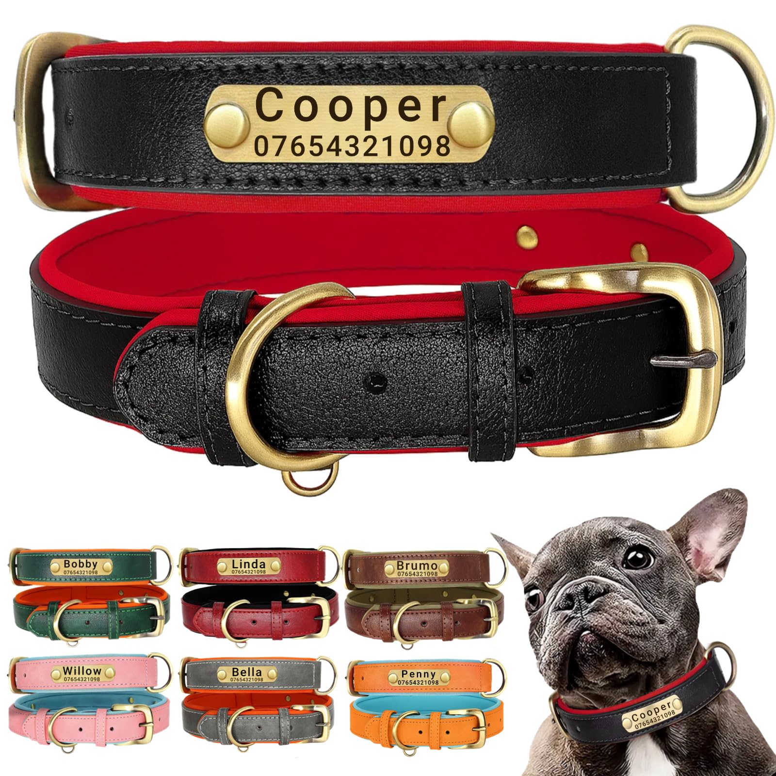 SEOUGEE Genuine Leather Dog Collar Personalised, Soft Padded Leather Dog Collars Heavy Duty with Custom Engraved Name Plate Adjustable for Small Medium Large Dogs (XS, Black 18-27cm) — image 1