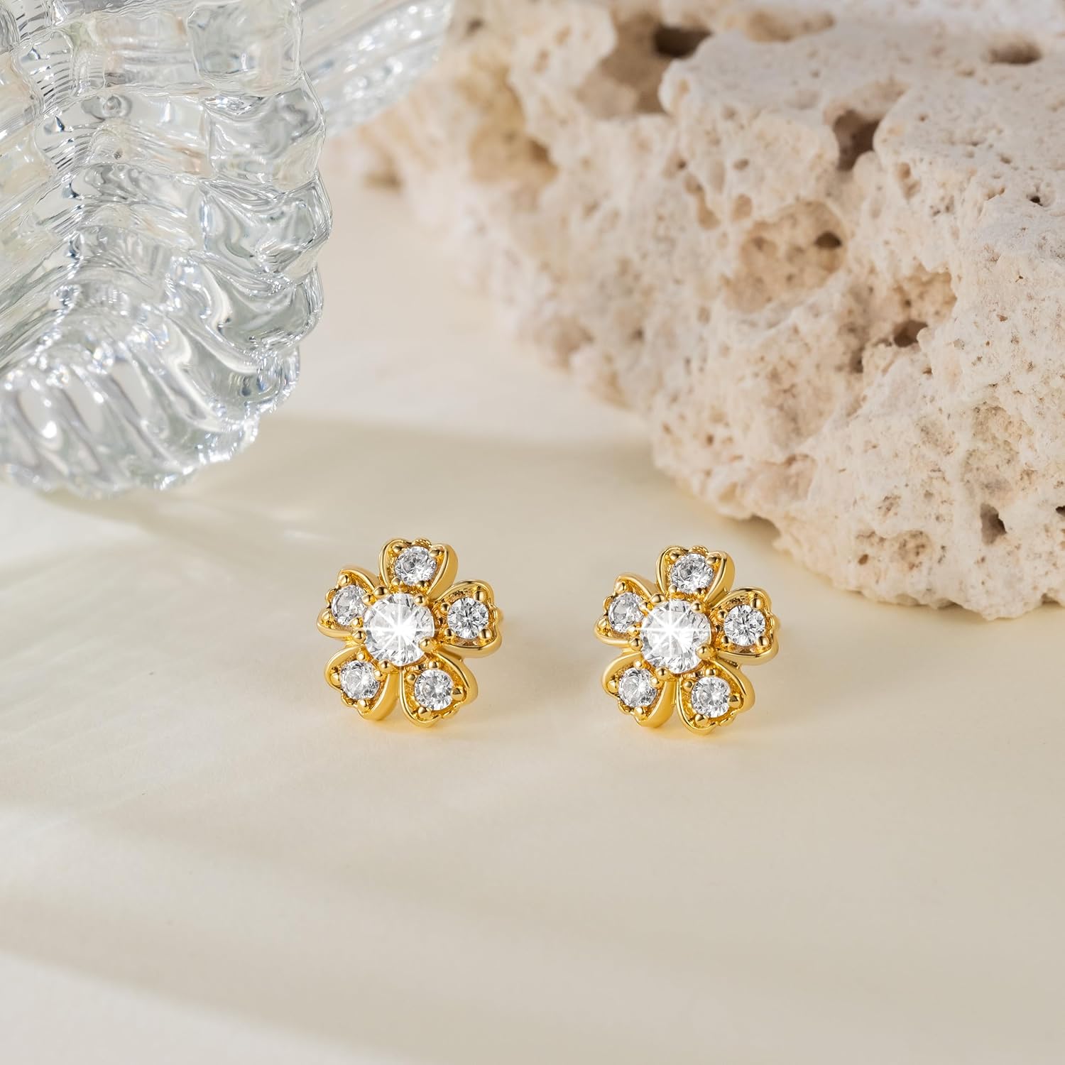 Gold Studs Earrings for Women 14k Gold Earrings for Women Flower Stud Earring for Womens Stud with Cubic Zirconia Casual Vibe and Edgy Feel CZ Studs Earring for Womens 10mm