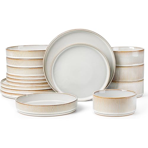 LIANYU Stoneware Dinnerware Sets with Pasta Bowls, 16 Piece Plates and Bowls Dishes Set for 4, Ribbed Dining Ware Dishware for Home, Microwave and Dishwasher Safe, Dawn Beige