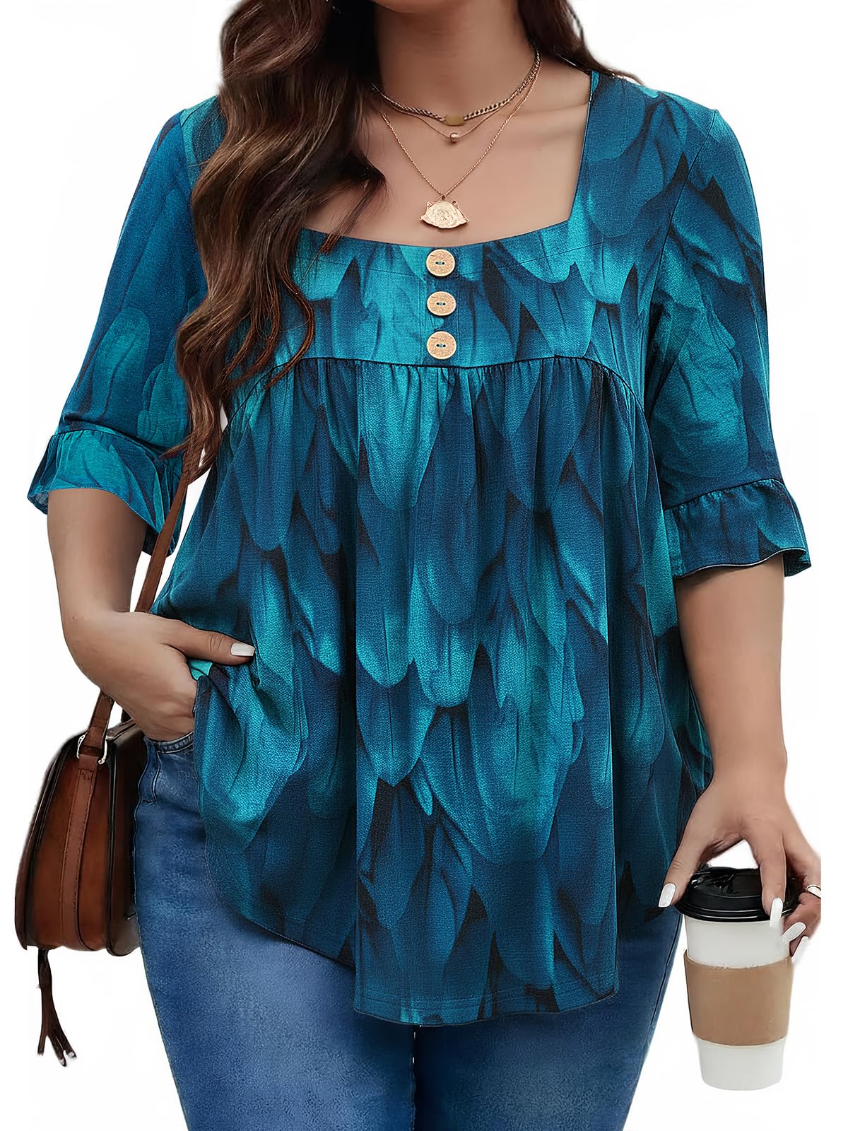 Womens Plus Size Tops 3/4 Ruffle Sleeve Loose Fit Blouses Button Square Neck Shirt Casual Pleated Tunic Tops(1X-5X)