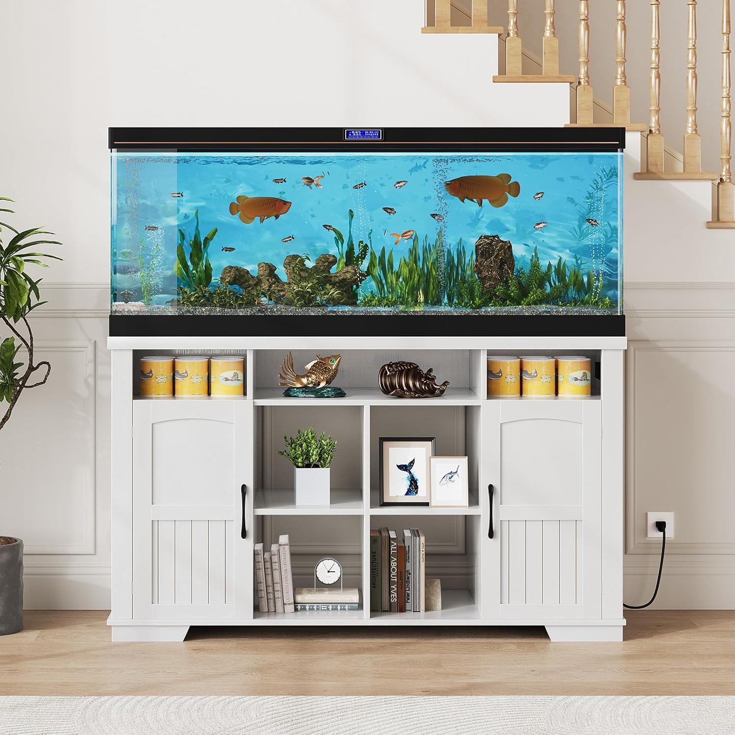 55-75 Gallon Fish Tank Stand with Power Outlet, Farmhouse 75 Gallon Aquarium Stand with Cabinet for Fish Tank Accessories Storage, Shelf, for Turtle Tank, Reptile Terrarium, 1000 LBS (White)