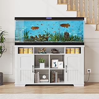 55-75 Gallon Fish Tank Stand with Power Outlet, Farmhouse 75 Gallon Aquarium Stand with Cabinet for Fish Tank Accessories Storage, Shelf, for Turtle Tank, Reptile Terrarium, 1000 LBS (White)