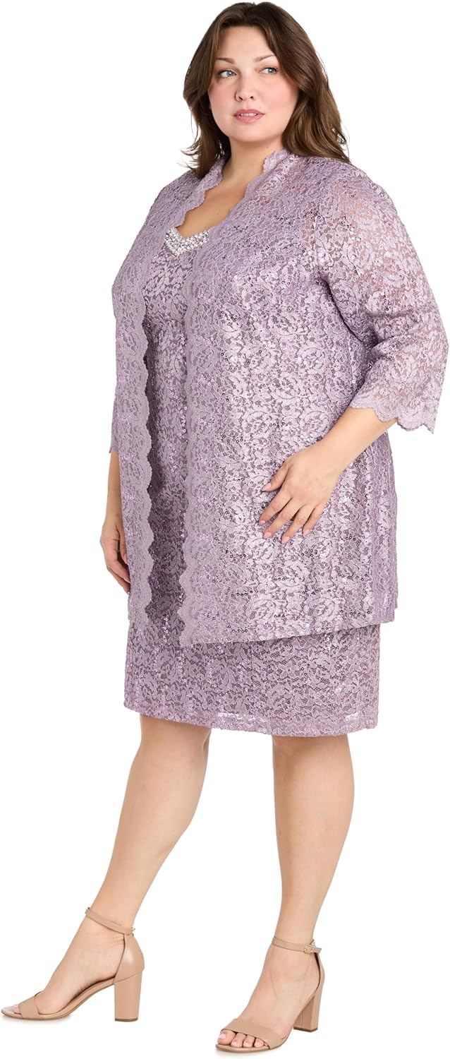 Elegant 2-Piece Lace Jacket Dress W/Scalloped Trim & Beaded V-Neckline - Formal Knee-Length Ensemble