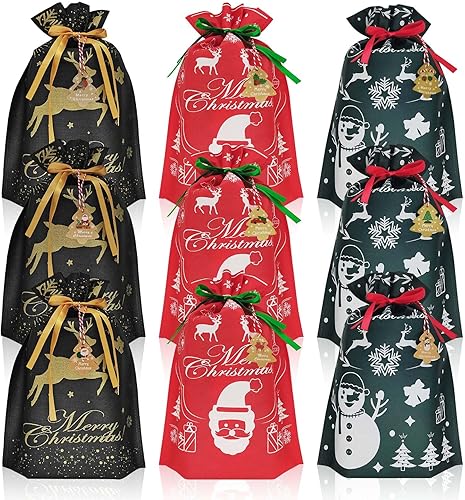 M-sorflly Bolsas de regalo de Navidad, 9 bolsas de regalo de Navidad de tamaño mediano en rojo, verde, negro con 12 etiquetas, bolsas de Navidad