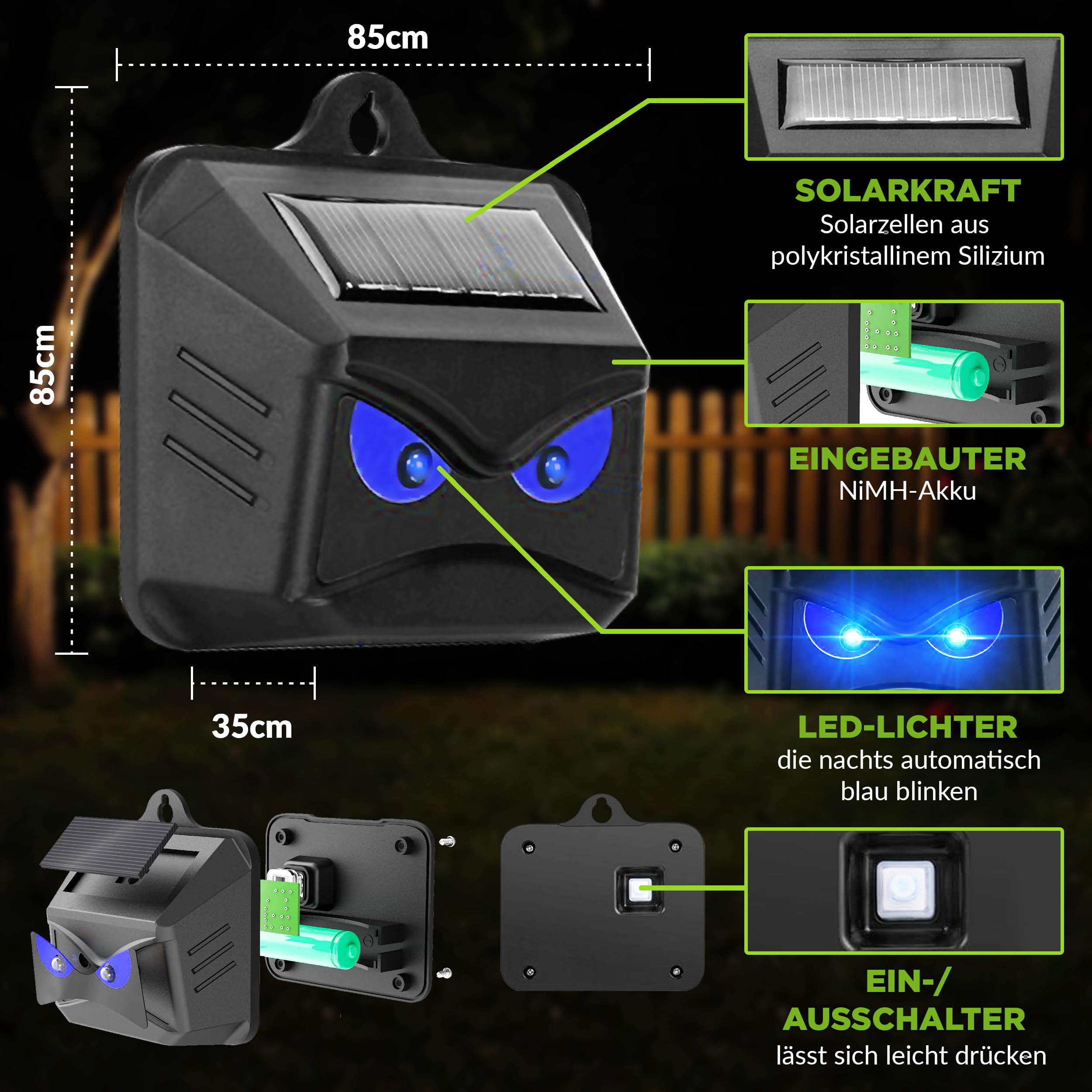 ISOTRONIC Solar Tiervertreiber zur Abwehr von Waschbären, Rehen, Füchsen & Wildschweinen – Wildtier Vertreiber mit blauem LED-Licht – effektive Tierabwehr mit 40m² Wirkungsbereich (4 Stück)