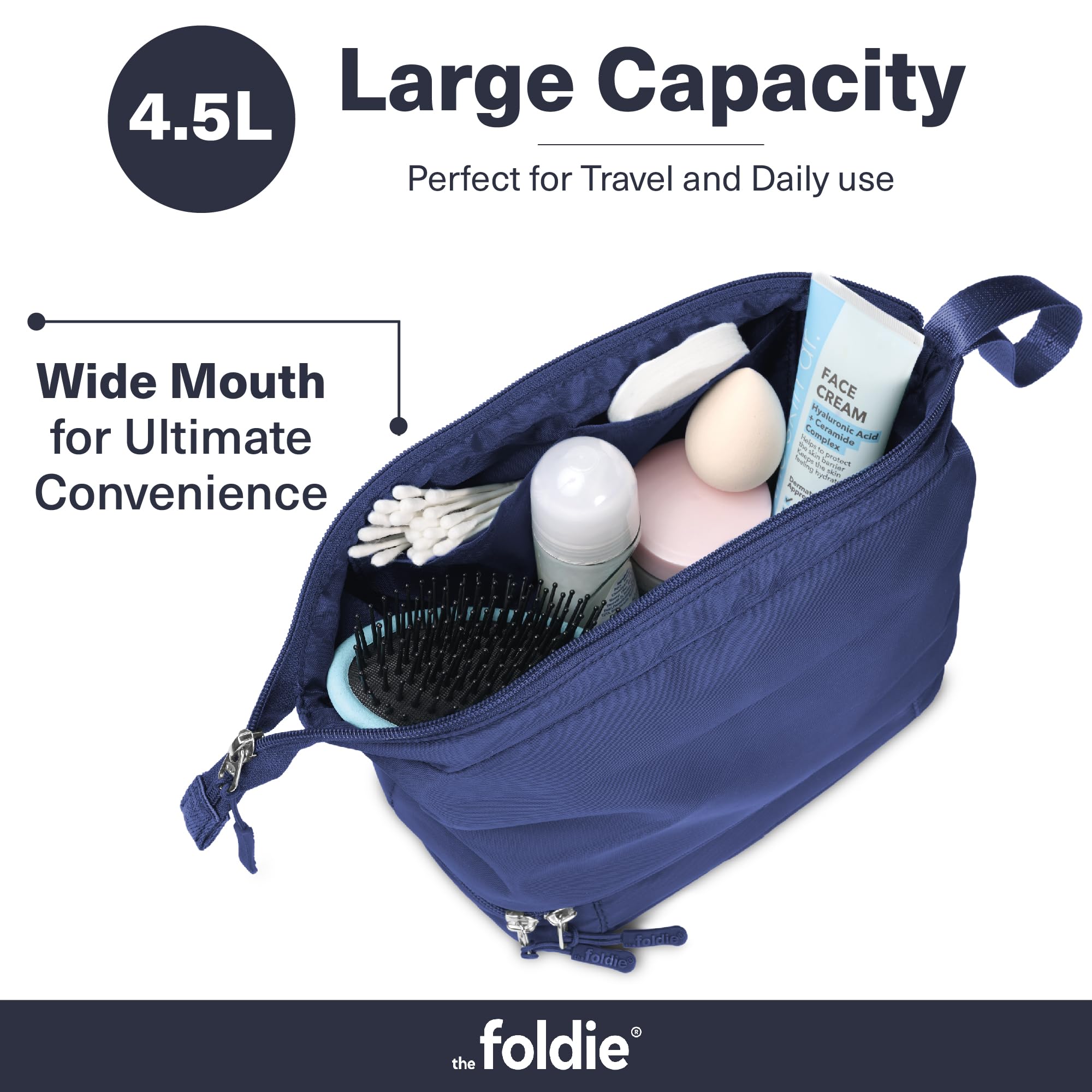 The Foldie® Neceser de viaje para hombres y mujeres, repelente al agua, lavable a máquina, organizador de maquillaje y cosméticos con múltiples compartimentos, Azul