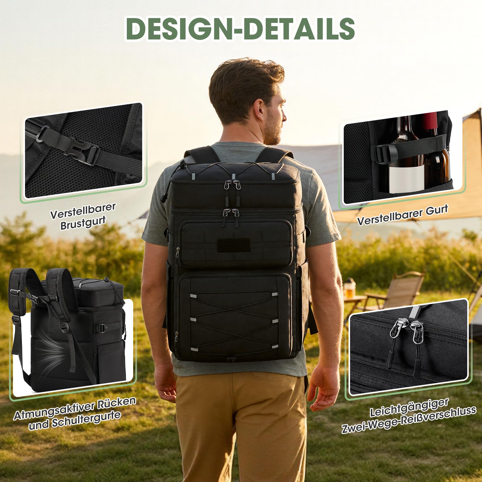 RAINSMORE Kühlrucksack 30L Auslaufsicher Groß Thermo Kühltasche Rucksack Doppeldeck Isolierter Picknickrucksack für Familie Outdoor BBQ Schwarz