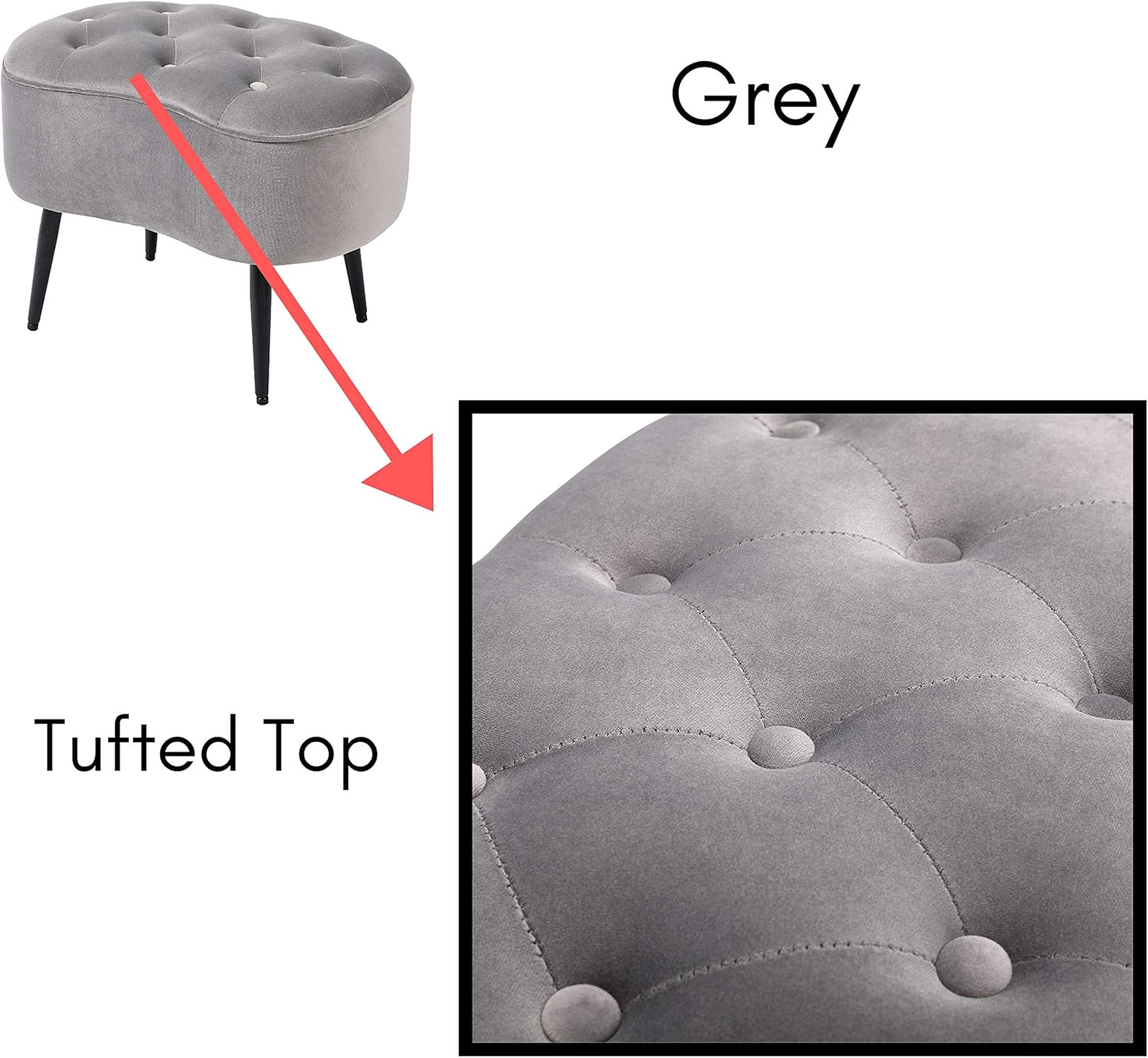 BIRDROCK HOME Tufted Oblong Velvet Ottoman - Mid Century Modern Design Furniture with Steel Legs - Soft, Compact, Padded Foot Stool for Living Room, Office and Bedroom- Grey Velvet, 22.5x15 Inches