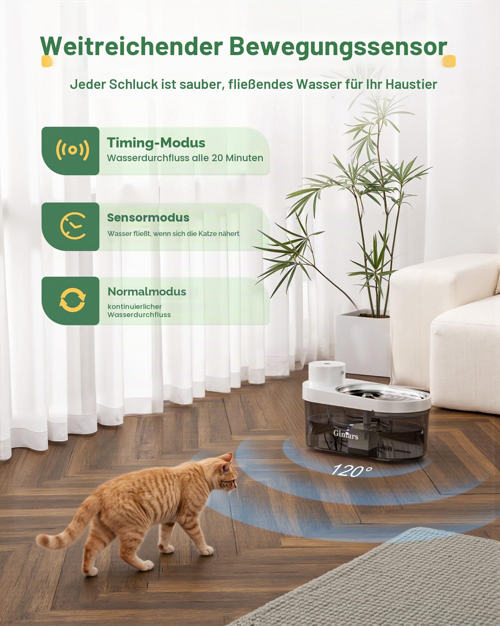 Gimars 4L UltraLeiser BPA-frei Katzenbrunnen Kabellos mit Bewegungsmelder, 5000mAh Akku, Trinkbrunnen für Katze Kabellos, Wasserbrunnen für Katzen mit Sensor, Katzentrinkbrunnen ohne Kabe