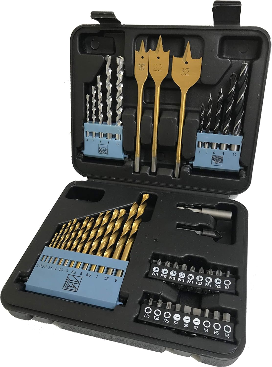 LUMBER JACK 46 Piece Drill Bit Set, Includes HSS titanium twist, Masonry, Wood