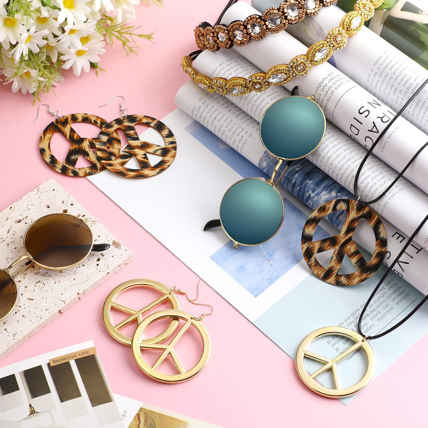 Tuanse 8 Pcs Hippie Costume Set Boho 70s 80s Outfits for Women Sunglasses Elastic Headband Peace Sign Necklace Earrings - Image 5