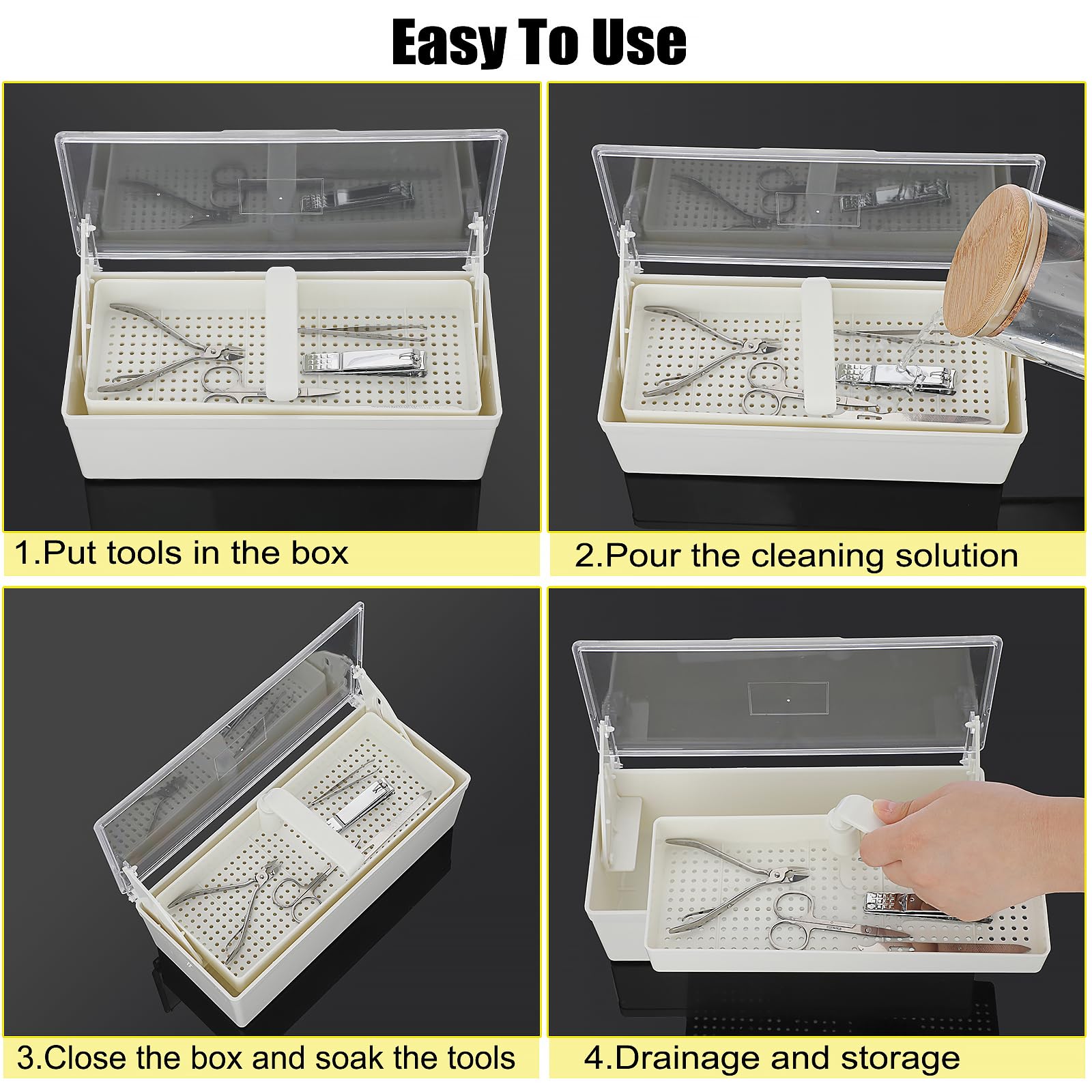 JUXYES Bandeja de esterilización de plástico para accesorios de arte de uñas, bandeja esterilizadora portátil con colador, caja de almacenamiento para pinzas, herramientas de manicura, herramienta de