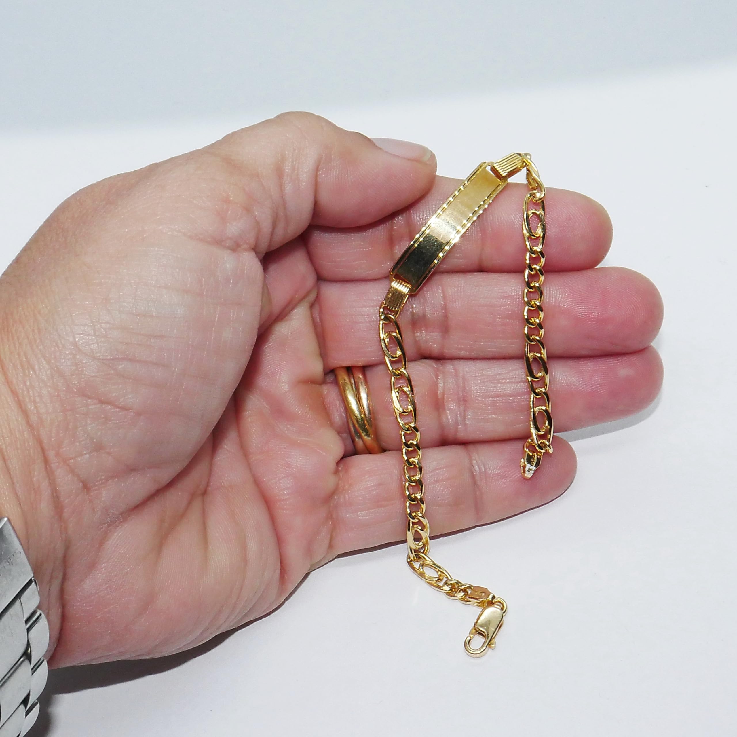 Never Say Never Braccialetto per comunione in oro giallo 18 carati, per bambino, con targhetta personalizzabile – 18,5 cm – 4,0 mm – 6,25 g