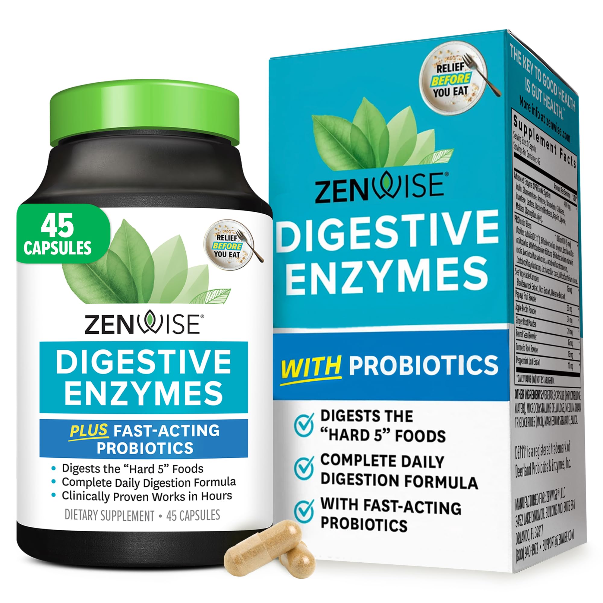 Zenwise HealthDigestive Enzymes for Gut Health & Bloating Relief - Multi Enzymes Digestion Supplement with Probiotics, Bromelain & Papaya for Digestive Health Support - Men & Women - 45 Count