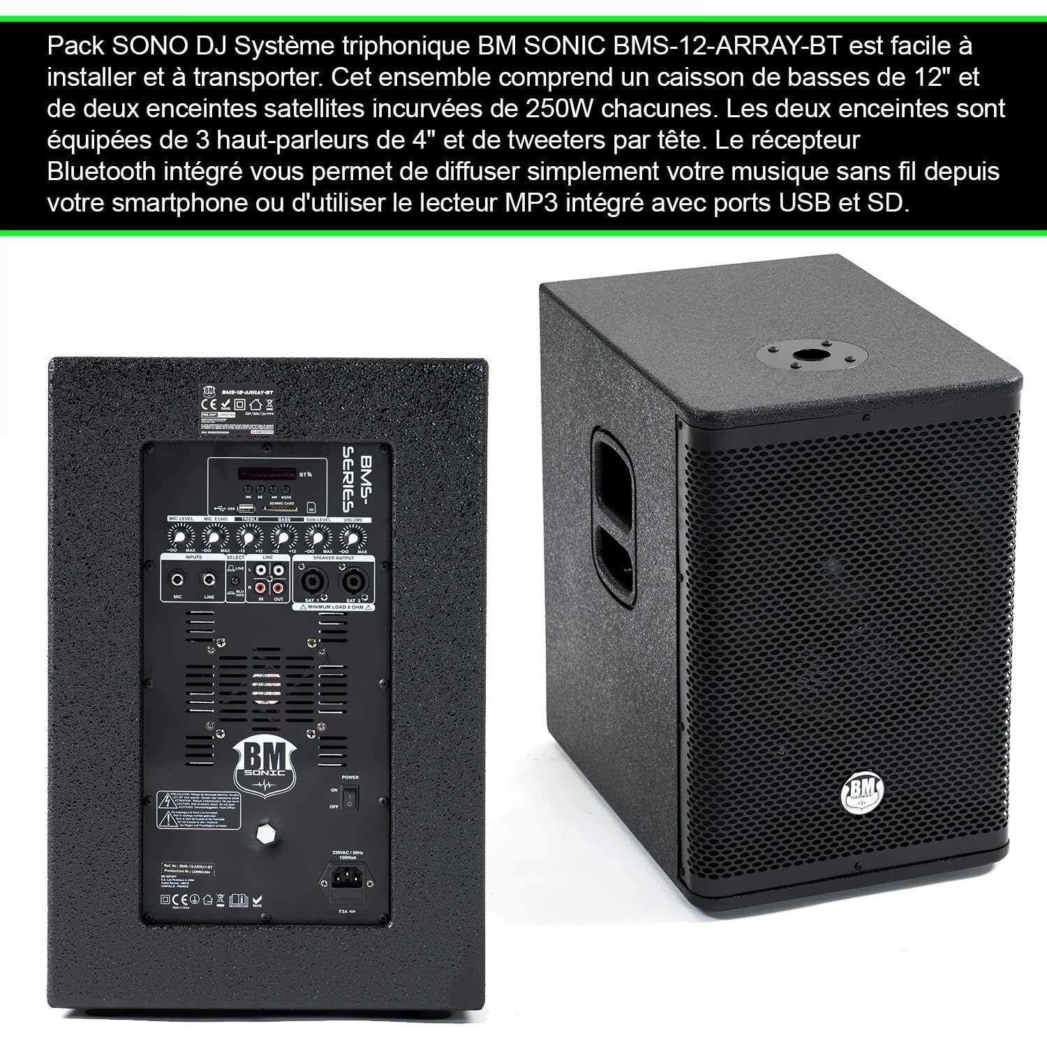 Pack Sonorisation DJ Complet BMBmsonic BMS-12-ARRAY-BT 1000W, Enceintes Satellites, Caisson de Barre USB/Bluetooth +Clé USB 32 Go
