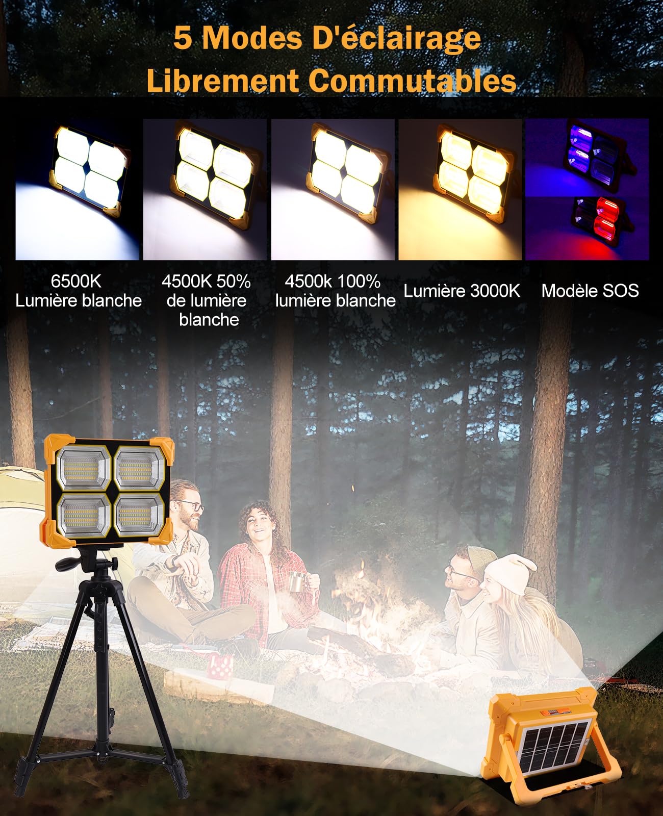 300W projecteur led rechargeable 26000mAh projecteur led chantier spot led extérieur lampe rechargeable usb Solaire 5 Modes Lampe de Travail Pour Camping, Chantier, Garage, Atelier