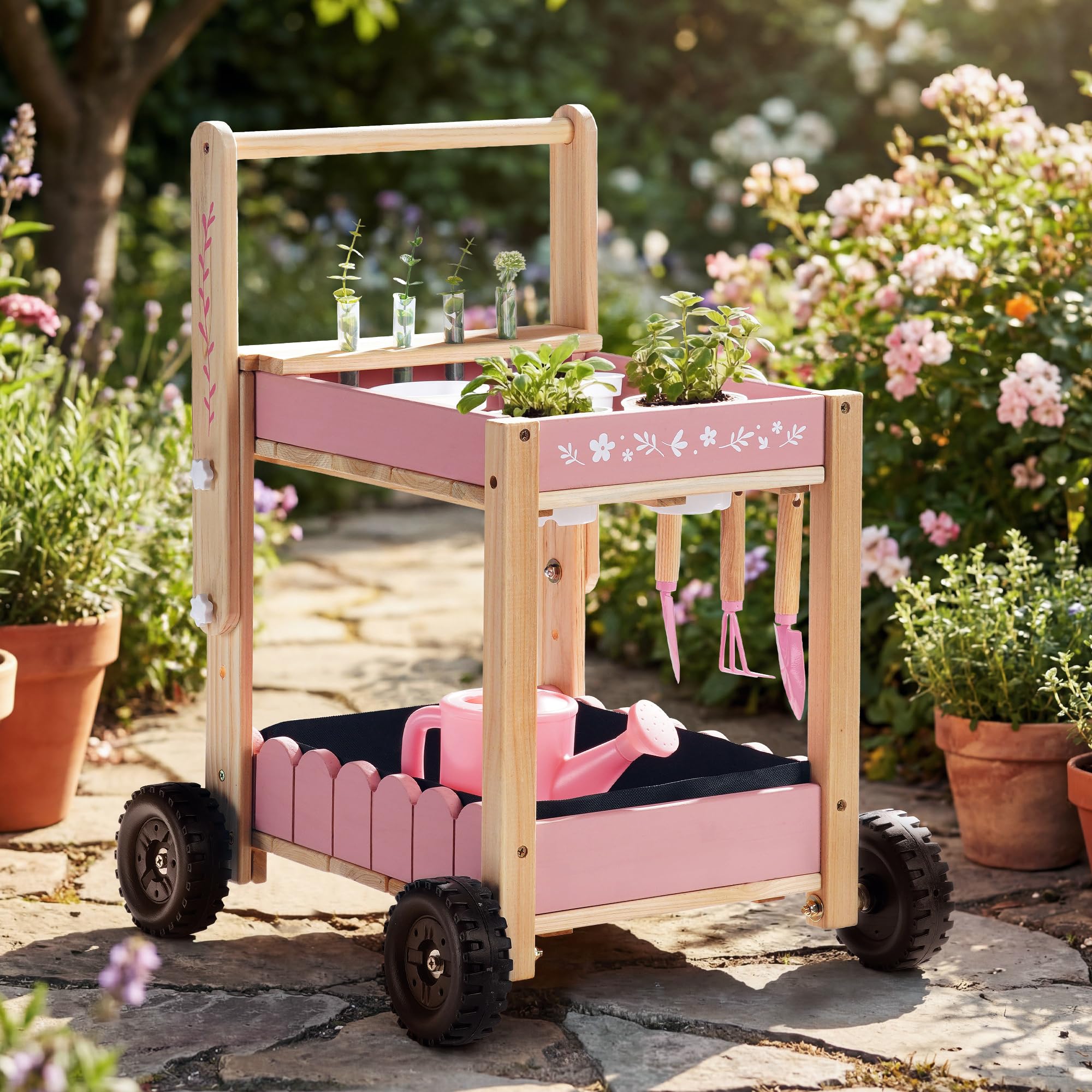 ROBOTIME Carro de jardín de madera para niños, carrito de jardín para exteriores con 4 vasos de plantas y 4 tubos de ensayo hidropónicos, regadera, 3 herramientas de jardín, etiquetas para plantas y