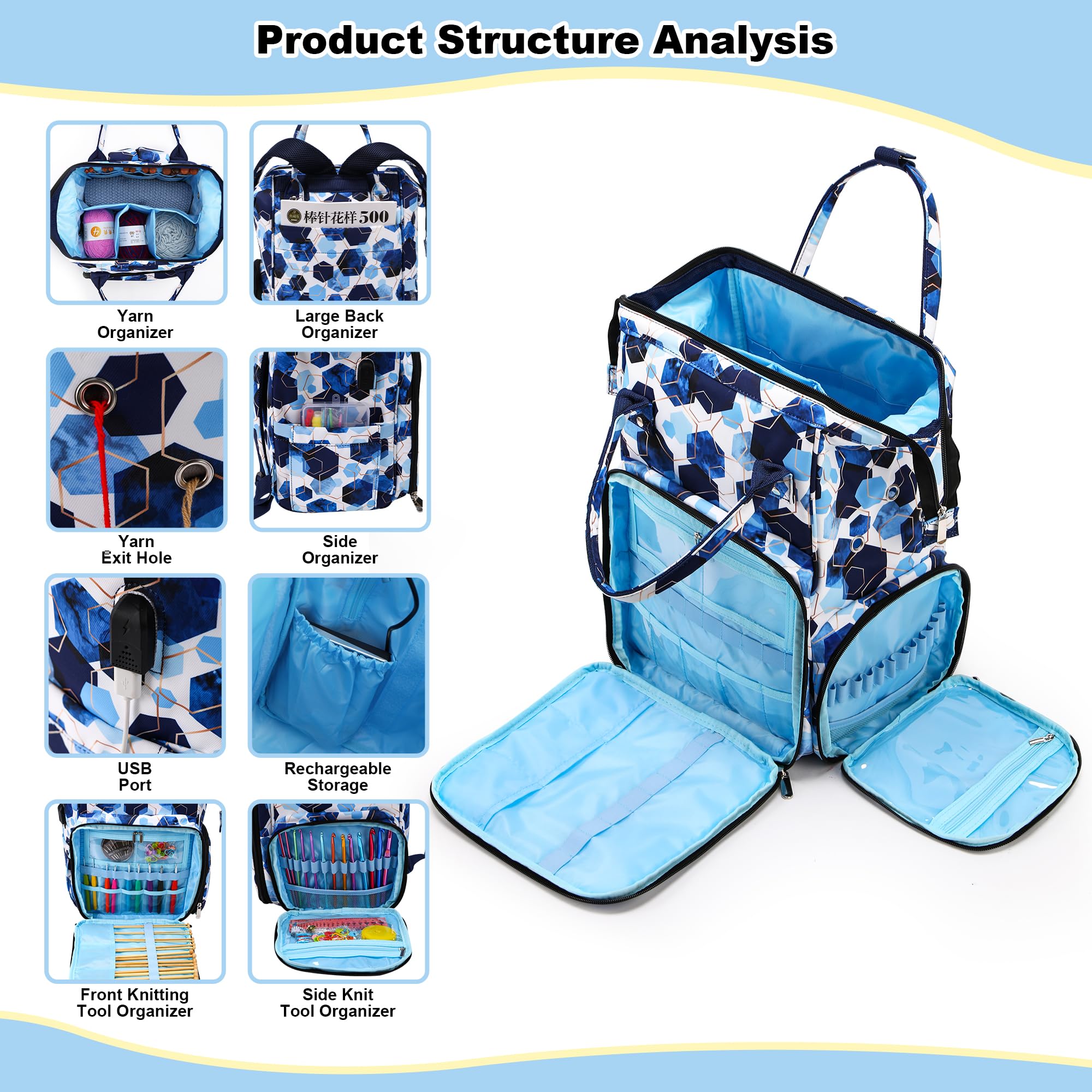 JOZEA Large Capacity Knitting Bag Backpack,Portable Crochet Bags and Totes Organizer for Women Yarn Bags Holder Case for Crocheting (Geometric Pattern) - Image 2