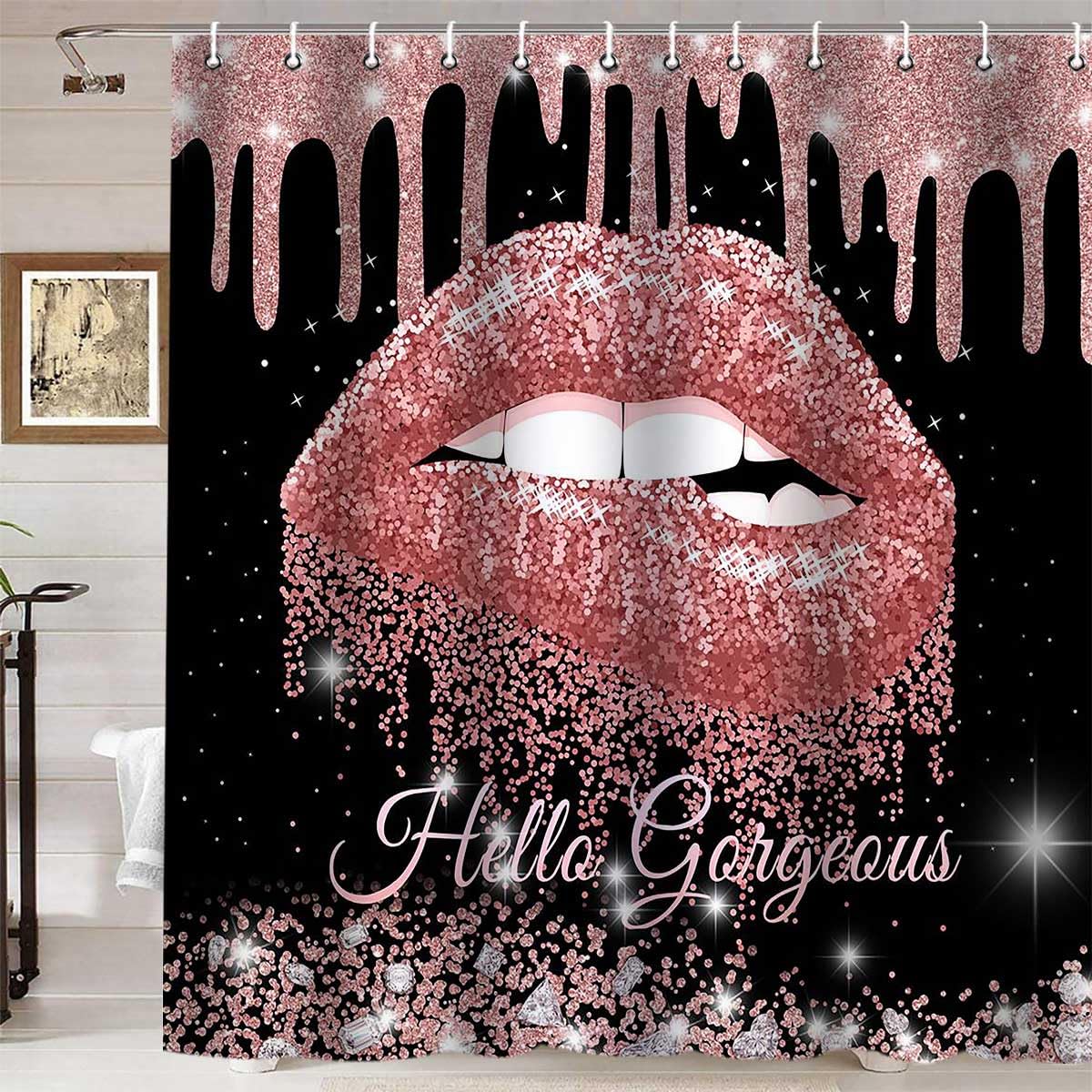 Shiny Pink Glitter Sexy Lips Shower Curtain, Bling Rose Gold Drips Hello Gorgeous Makeup Diamond Modern Glam Fashion Women Bathroom Decor, Waterproof Fabric Black Shower Curtain, 72 X 72 Inch