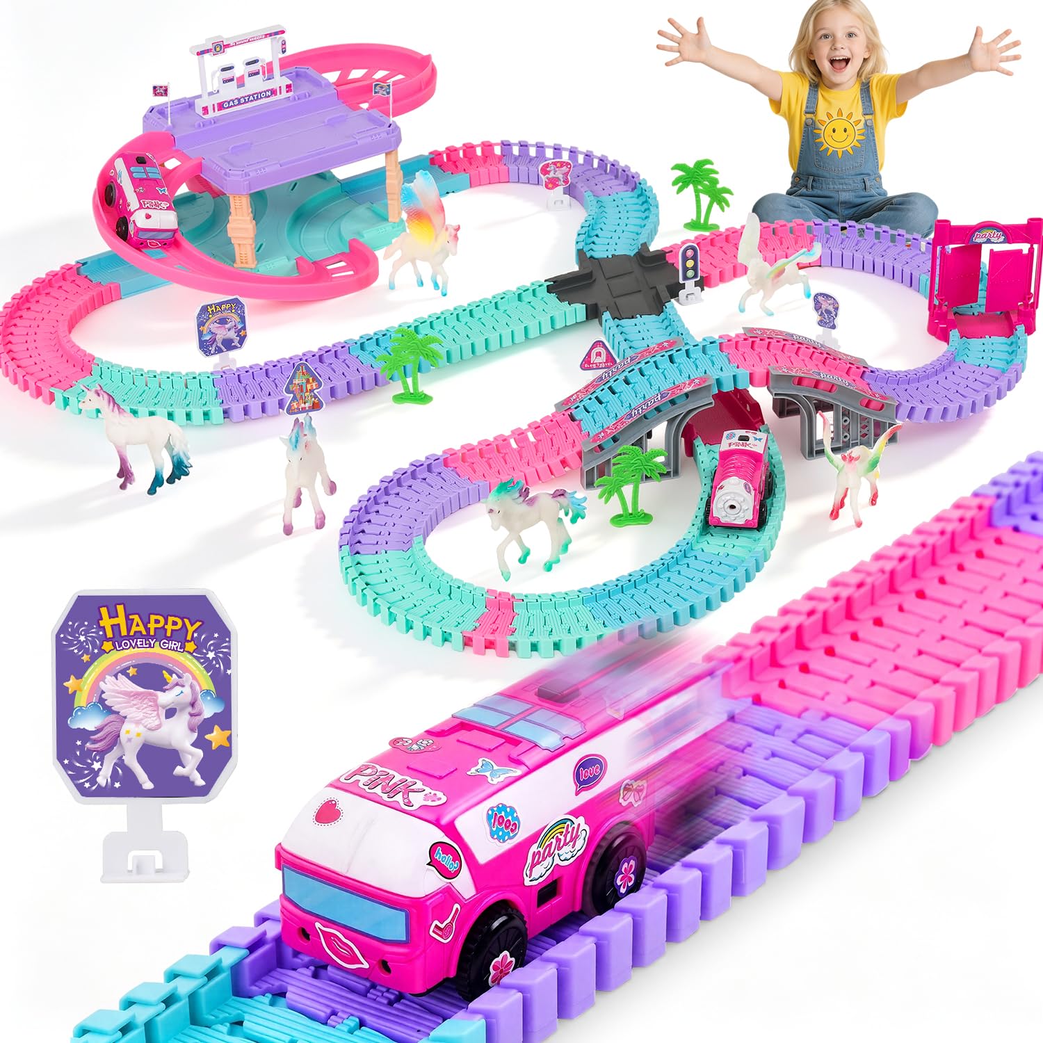 Unicorn Race Track Toys, Car Track Construction Toy for Kids Age 3+, Train Track Play Set with 2 Cars, Stickers and 6 Unicorns, Birthday Gift for 3 4 5 6 7 8 Year Old Girls