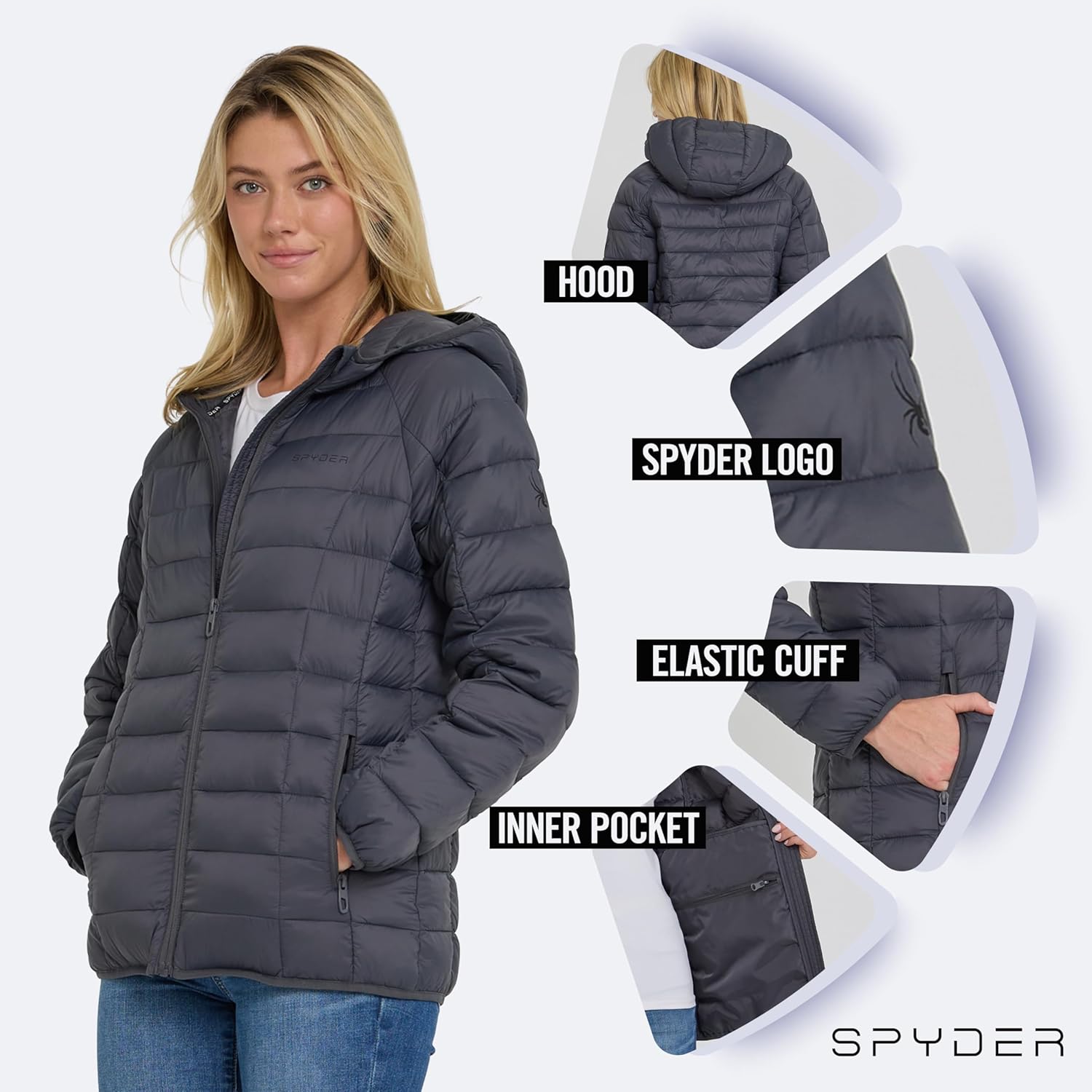 Spyder Packable Puffer Jacket Womens with Hood, Lightweight Full Zip Winter Quilted Womens Puffer Coat - Image 4
