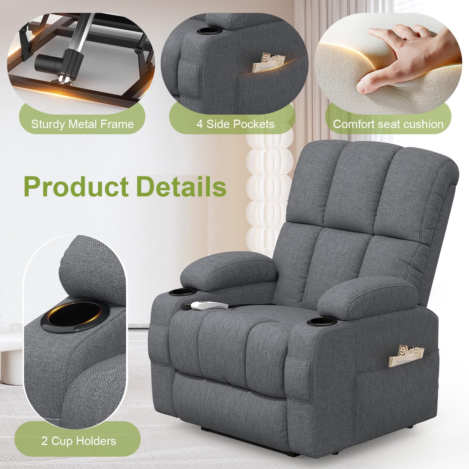 Relaxsessel Massagesessel Elektrisch Verstellbar Fernsehsessel mit Liegefunktion Massage Wärmefunktion, TYP C&USB-Anschlüsse, 4 Seitentaschen 2 Getränkehalter, Lesesessel TV Sessel Wohnzimmer