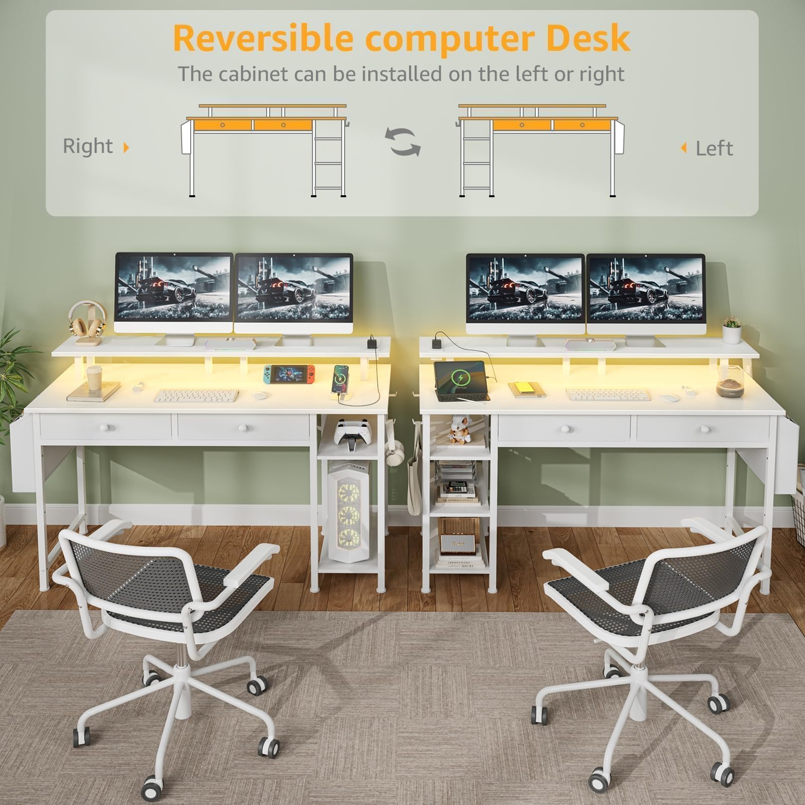 DLisiting Black Gaming Desk with Shelves and Drawers - 39 Inch Small Gaming Desk with Storage Shelves for Boys Teens Bedroom, Black Computer Desks with Drawers, Monitor Stand, Power Outlet: White 47.2"