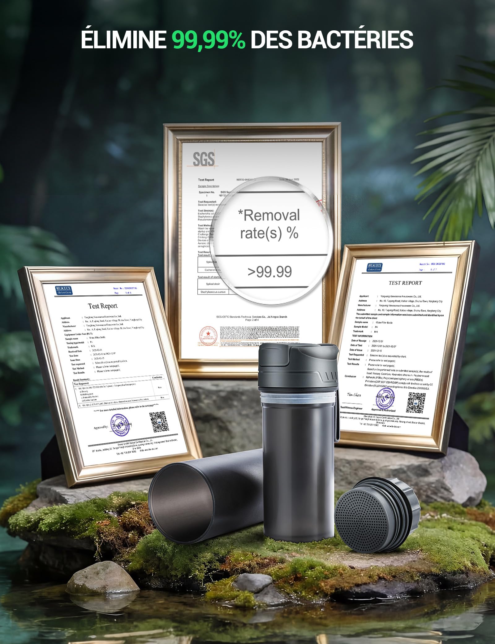 Gourde Filtrante Eau Non Potable 650 ml, capacité de filtration de 1500L, élimine 99,99% des sédiments, métaux lourds, virus et bactéries, idéale pour l'extérieur