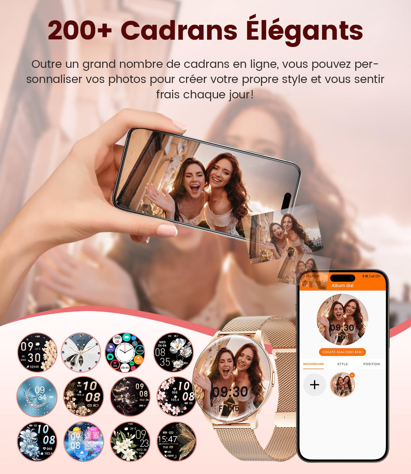 BENYAR SMART Montre Connectée Femme 1.43" HD, pour iOS/Android, Or Rose | Suivi du Cycle Menstruel, Santé 24h, Appels Bluetooth, 100+ Sports, IP68 imperméable, 300mAh Autonomie 7 Jours, 2 Bracelet