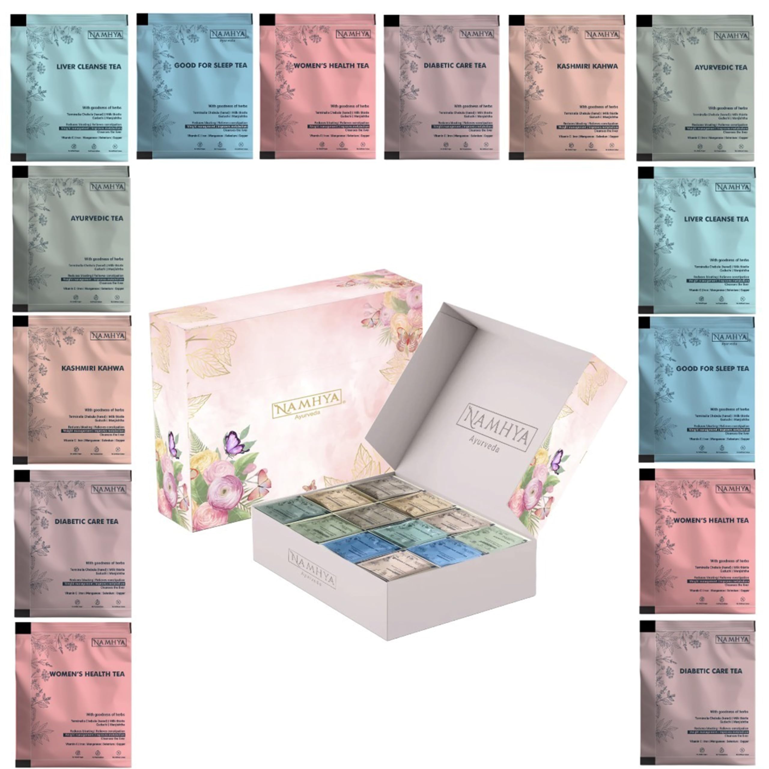 Namhya – Assorted Herbal Tea Gift Set (45 Tea Bags, ~45 Cups) – Supports Sleep, Digestion, Hormonal Balance – [Kahwa, Liver Cleanse, Women’s Health, Sleep Tea] – Natural, No Preservatives – Balances Vata, Pitta, Kapha - Image 2 thumbnail