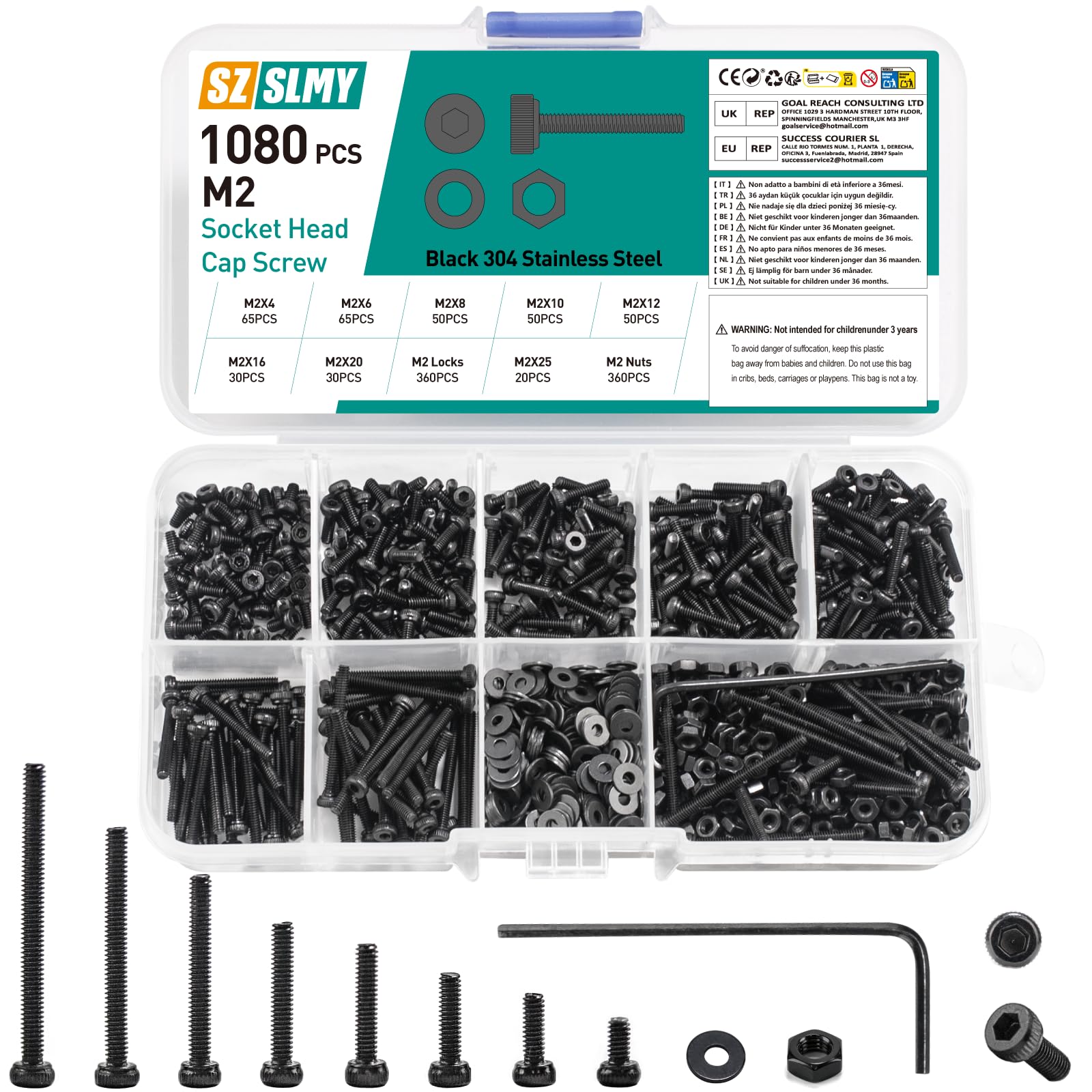 1080 Pcs M.5 Screws Set, Bolts and Nuts Set, Black Nuts and Bolts Assortment, Stainless Steel Hex Socket Head Cap Screws Set, Machine Screwsand Washers Kit for Bicycle Motorcycle Repair DIY