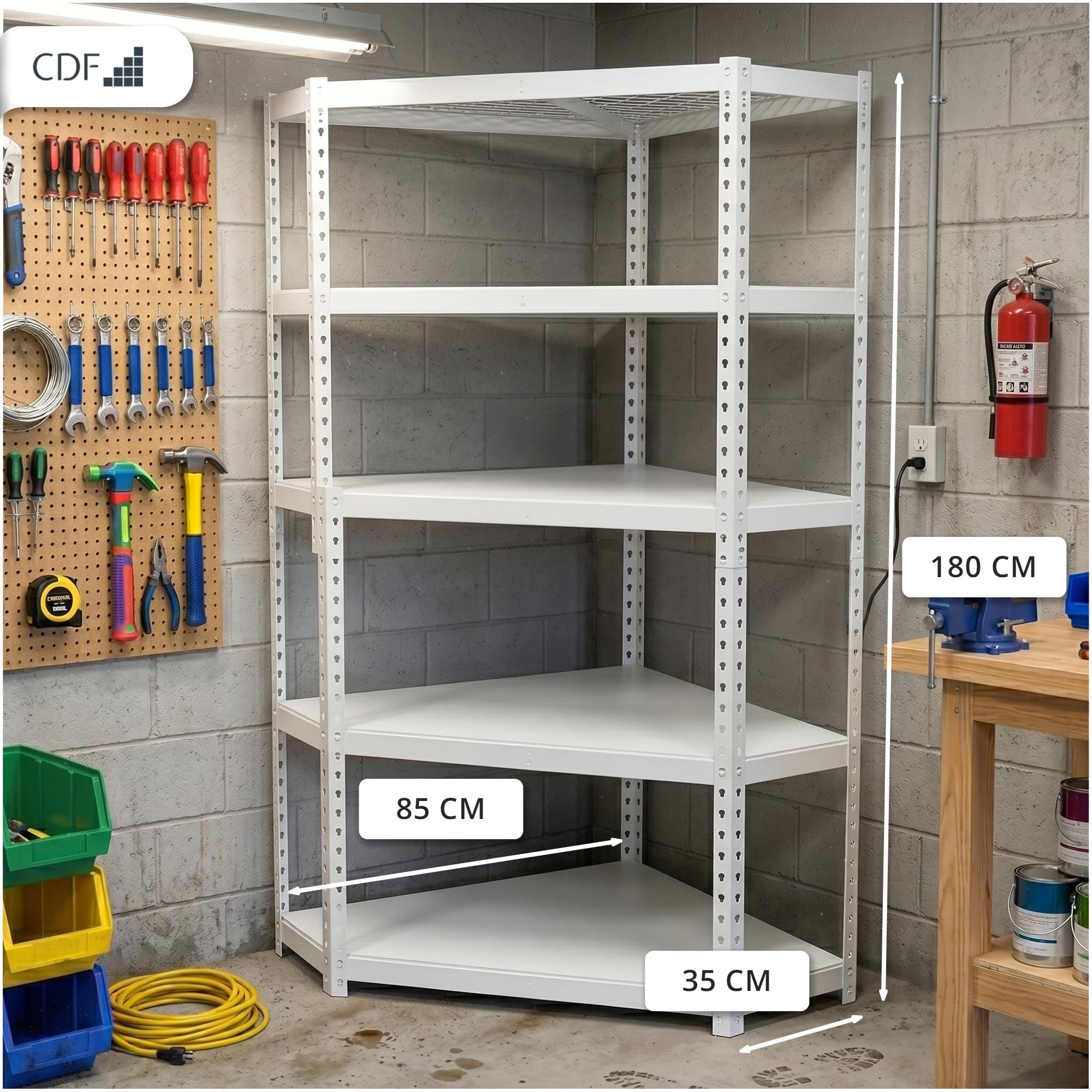 CDF estantería esquinera con 5 estantes, Paneles de MDF, Ahorra Espacio, Capacidad de Carga 875 kg, hasta 175 kg por Estante, estantería de Alta Resistencia, 180x90x40 cm