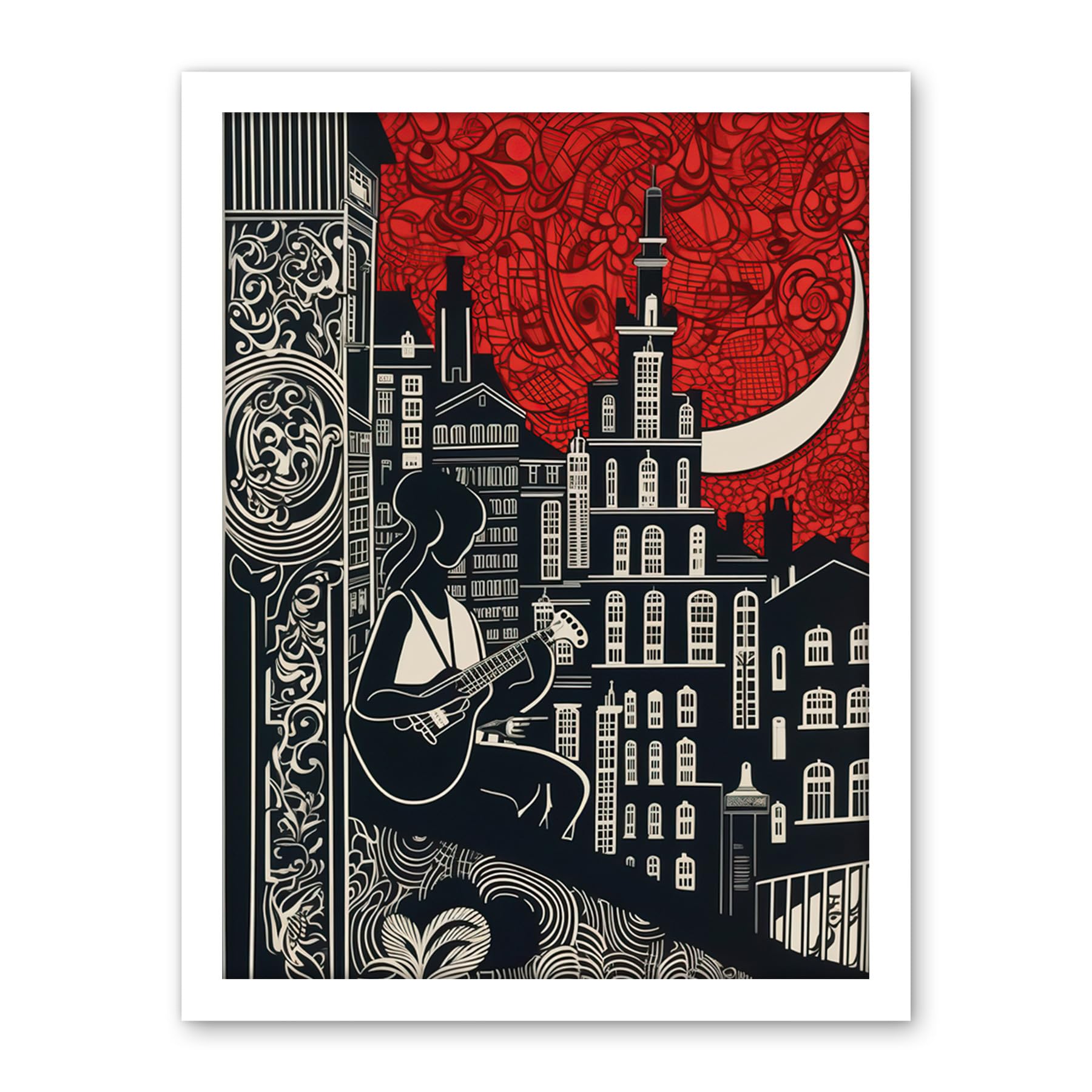 Artery8 Street Musician Guitarist in Edinburgh Cityscape Artwork Framed Wall Art Print 18X24 Inch