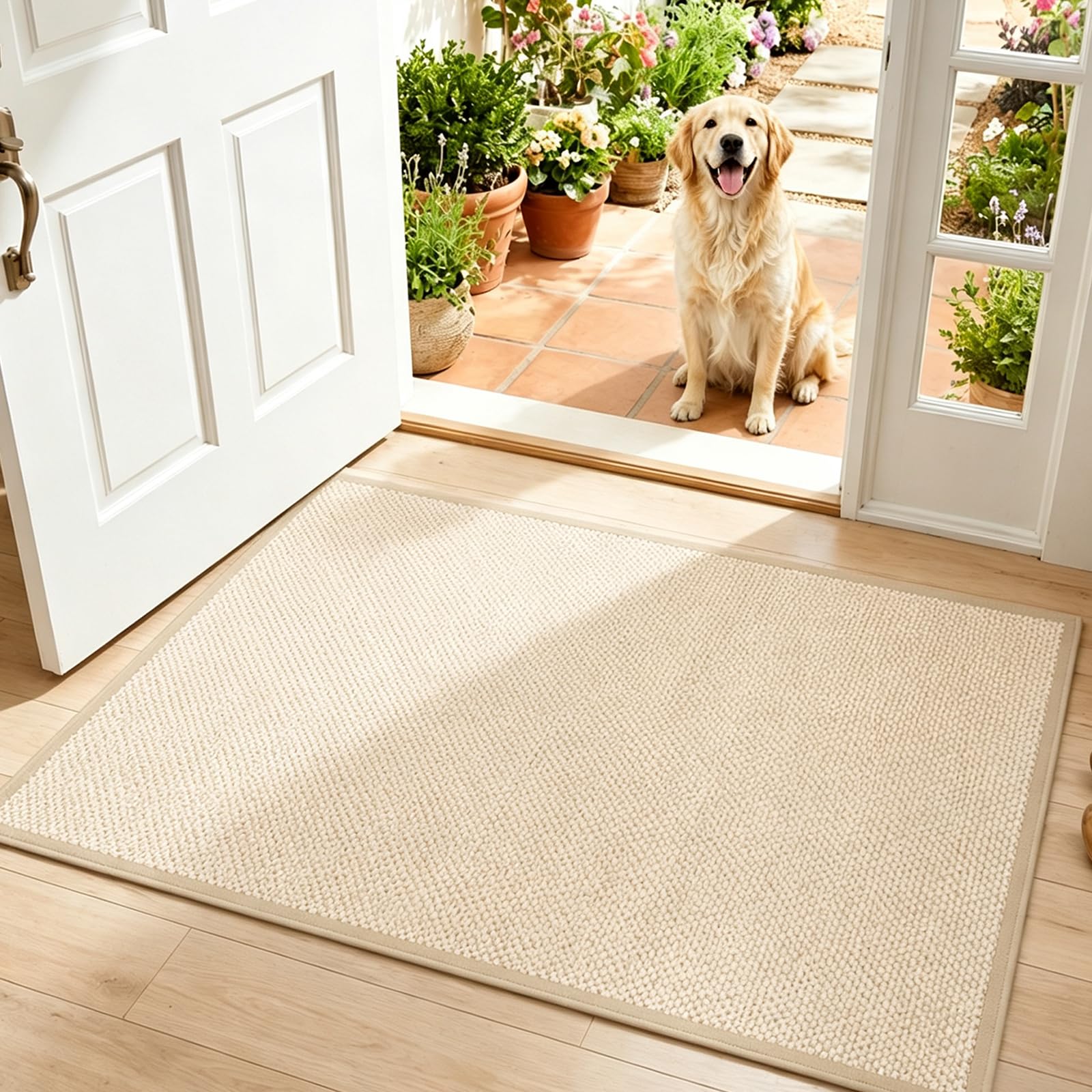 ZORVENIX Indoor Door Mat 60x90cm, Non-Slip Rubber Backing Doormat, Washable Dirt Trapper Double Mat for Entrance, Patio, Pets, Beige