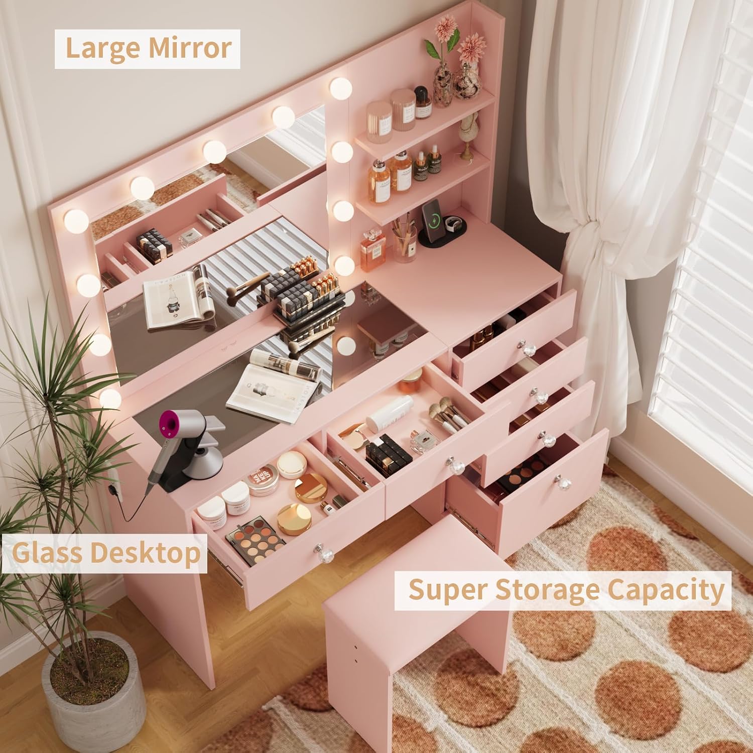 VOWNER 47" Vanity with Glass Top - Makeup Vanity Desk with Outlet, 6 Drawers, 3 Storage Shelves and Mirror, 3 Color Lighting with Dimming Brightness, Makeup Desk with Stool for Bedroom, Pink