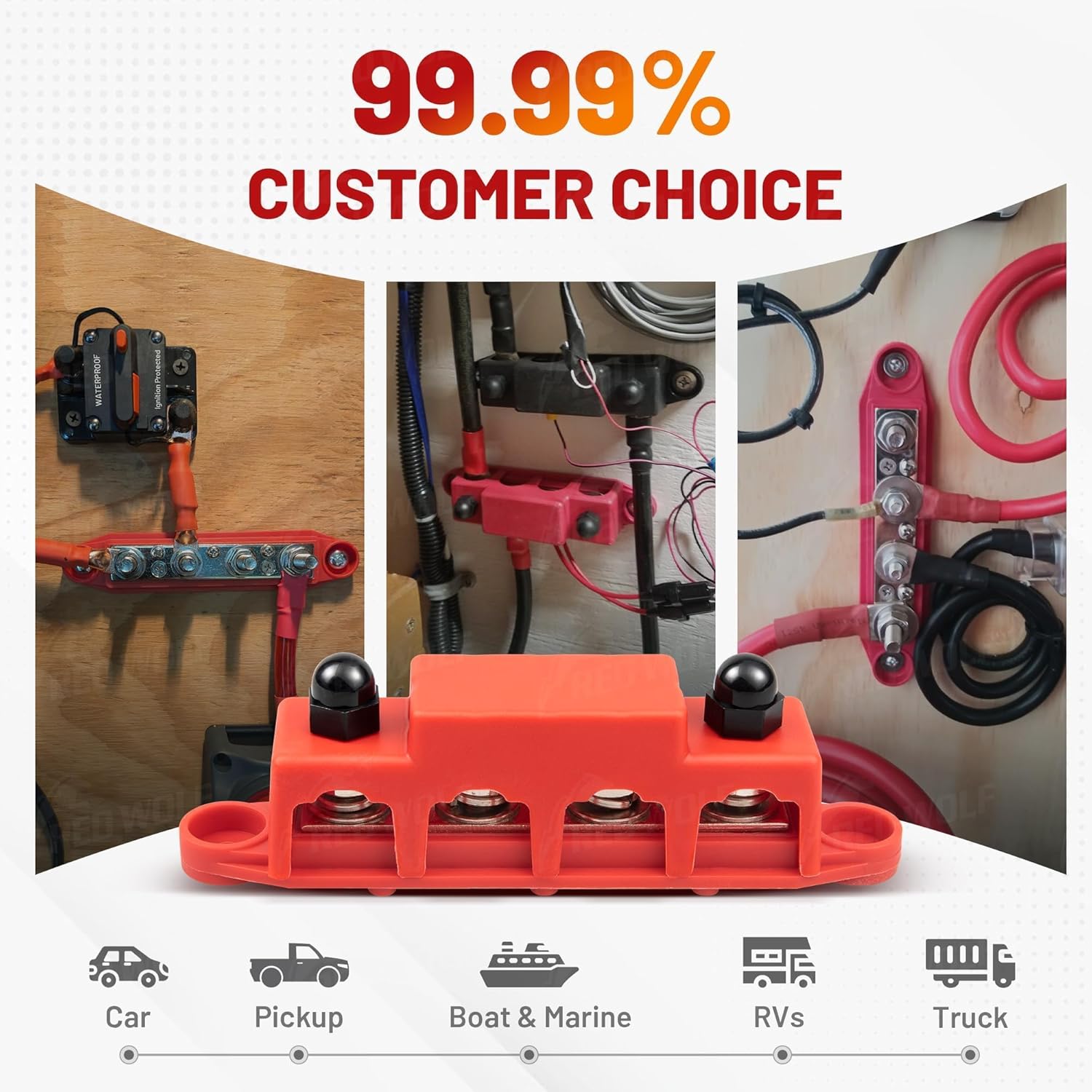 RED WOLF 30A Circuit Breaker Manual Reset Switch w/4 x 5/16" Power Distribution Block Bus Bar, 3 x (M4)#8 Screws Terminals Battery Buss Bar DC 12-48V 250 Amp for Automotive Marine