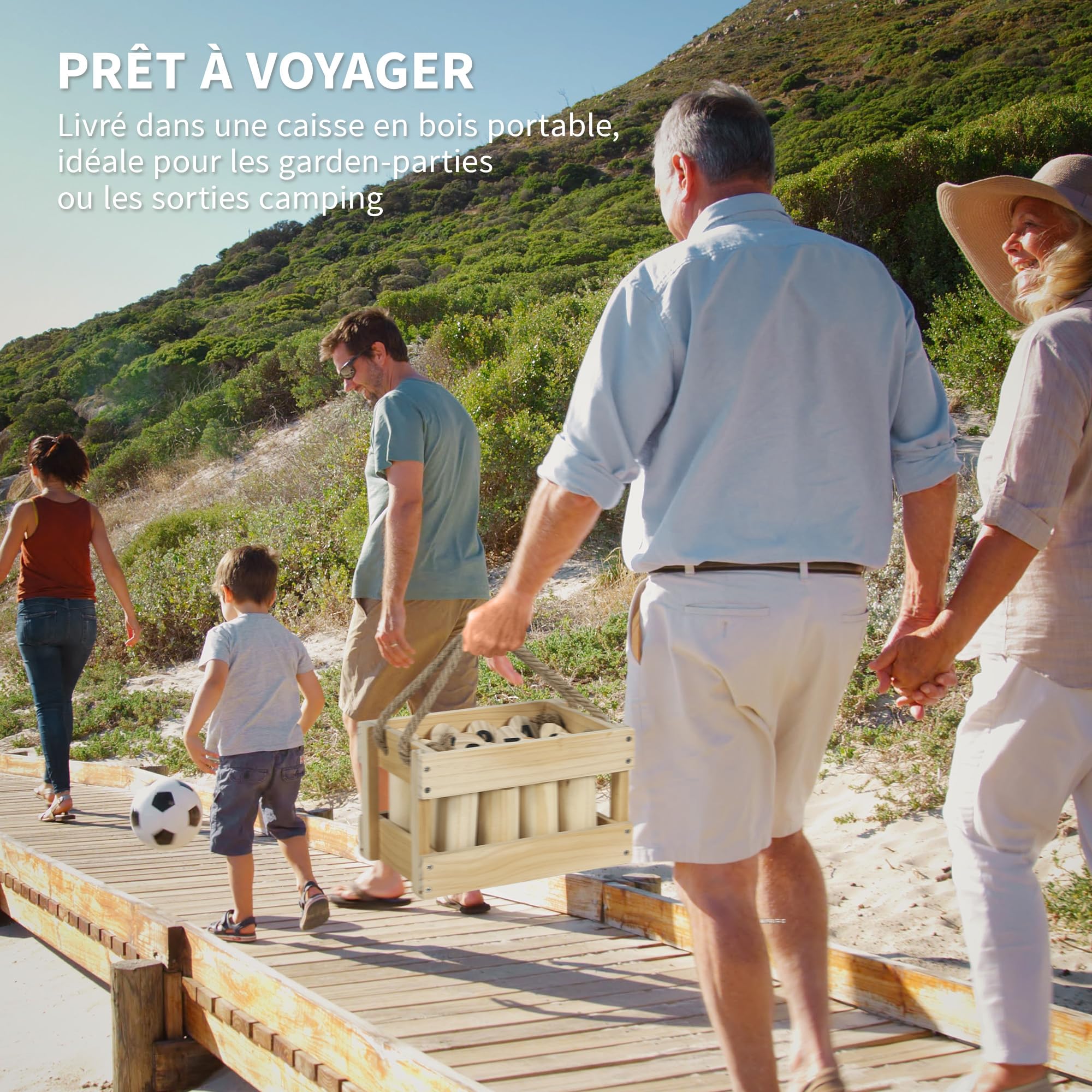 SPORTNOW Jeu de quilles finlandaises, Jeu de Plein air en Bois de pin 12 quilles, 1 bâton et 1 boîte de Transport, Jeux de Plein air pour Adultes, Jardin, Pique-Nique, Plage, fête, Effet Bois Naturel