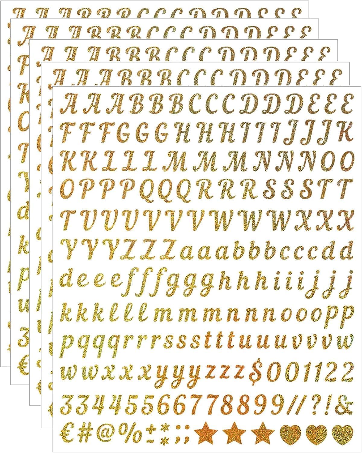 5Pcs Alphabet Stickers, Letter and Number Stickers Set for Journaling and Scrapbooking, DIY Craft Projects and Gift Customization, Gold Foil Glitter Alphabet Stickers with Numbers and Symbols-image-2