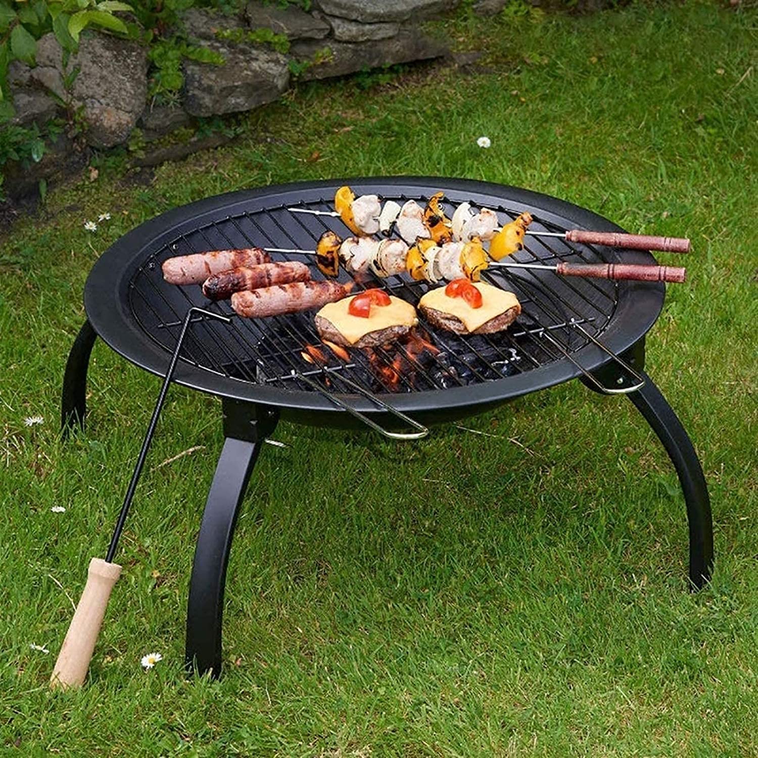 Palenisko do grilla na zewnątrz – stalowa składana miska na palenisko z grillem i pokrywą i pokerem, ognisko, piecyk do grilla, drewno węgiel drzewny grzejnik tarasowy