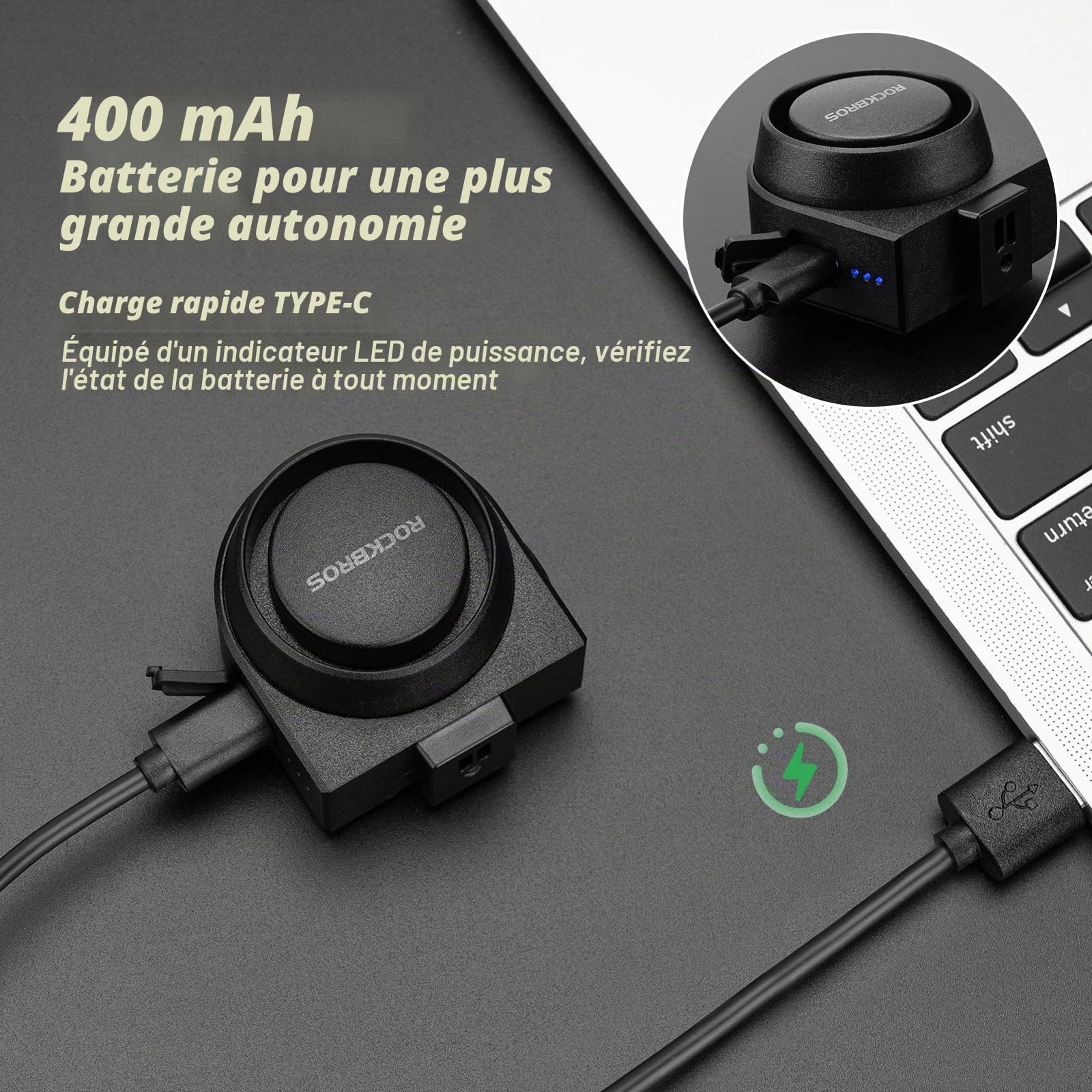 ROCKBROS Sonnette de Vélo Electrique 150 DB, IPX5 Etanche Avertisseur Sonore de Vélo, Volume Réglable Type-C Rechargeable pour MTB Vélo de Course BMX