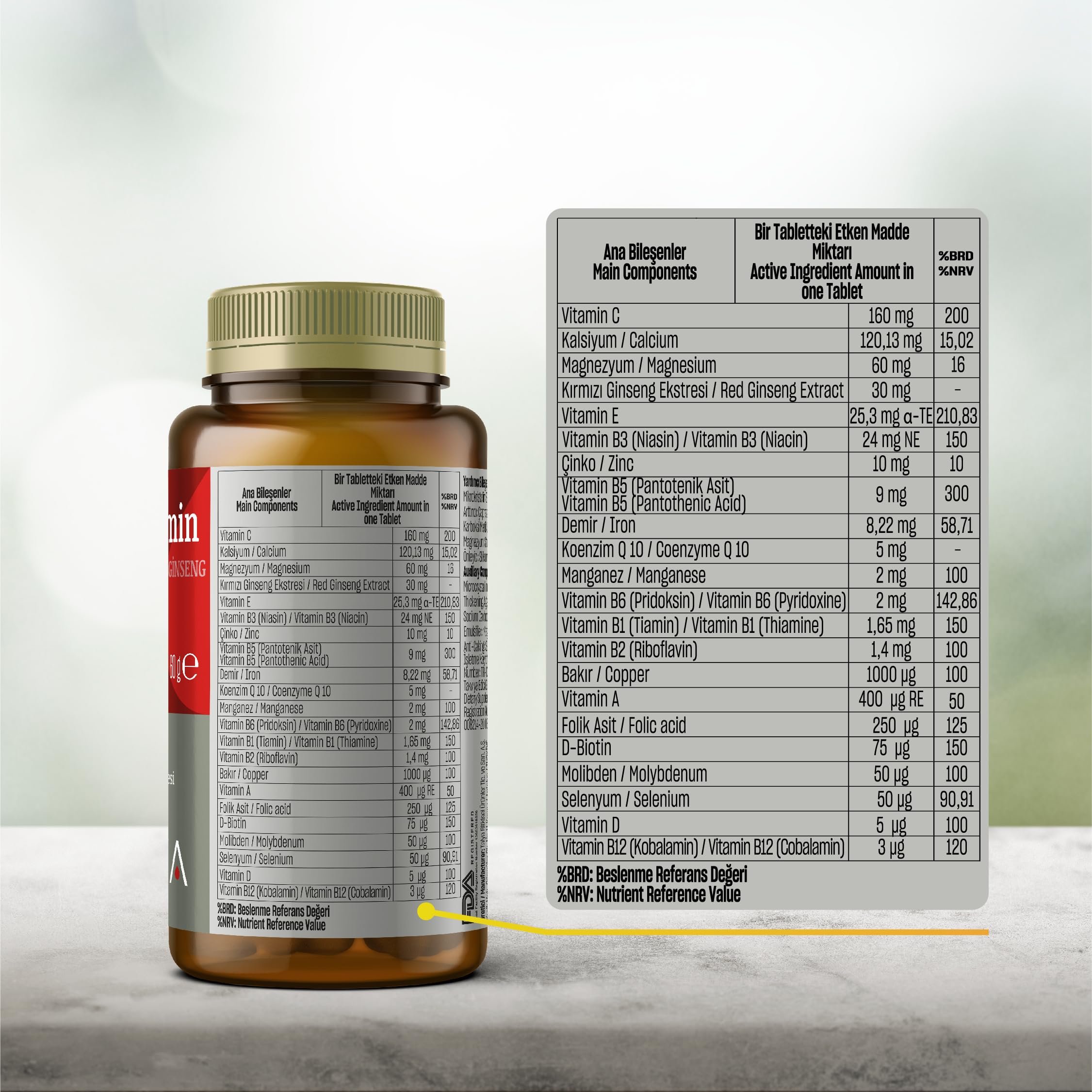 Talya MULTİVİTAMİN - KIRMIZI GİNSENG VE KOENZİM Q 10 İçeren Takviye Edici Gıda - 12 Vitamin ve 8 Mineral ile Zengin Destek Takviyesi - Enerji, Canlılık - 60 Tablet