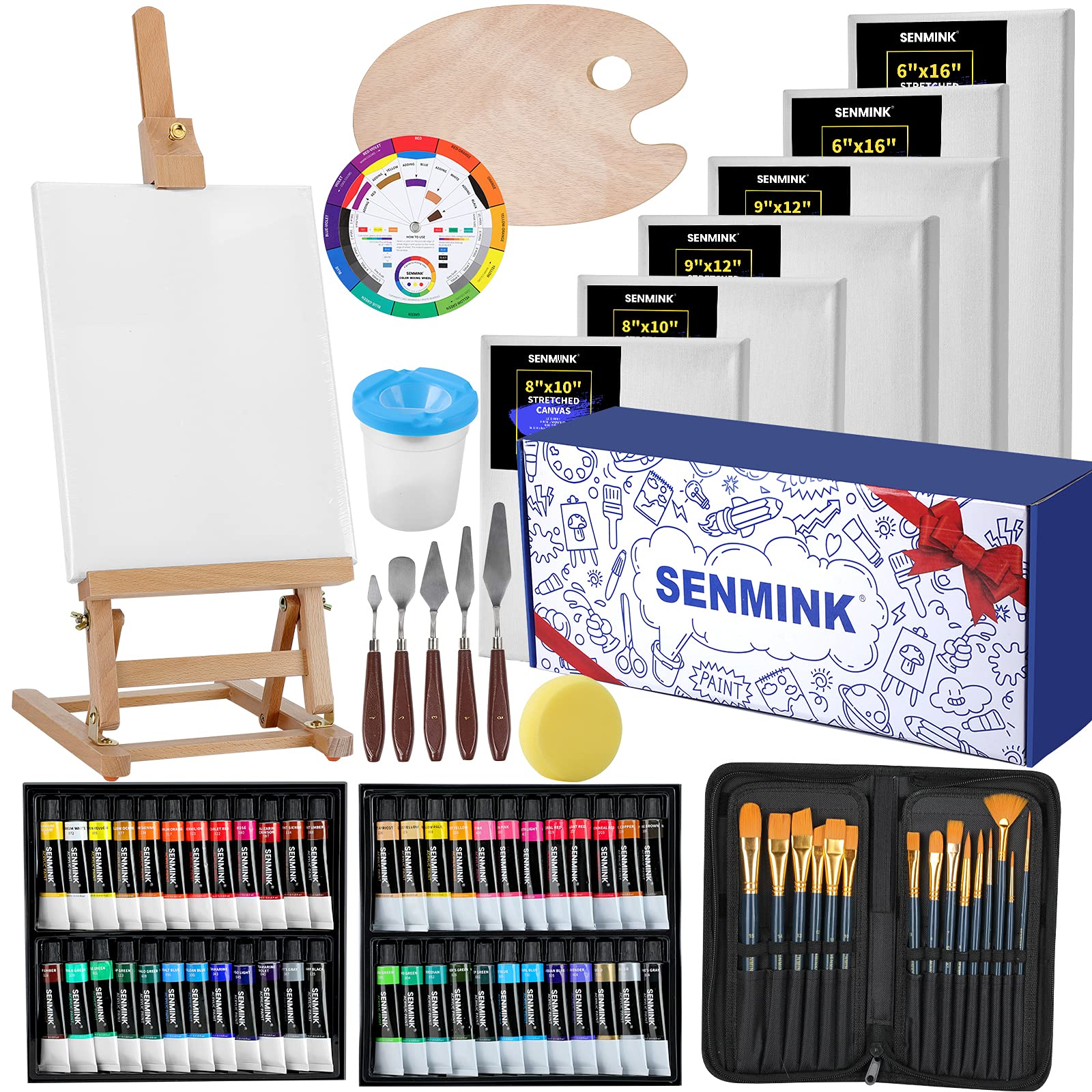 80Pcs Acrylic Painting Set, Art Supplies with Beechwood Tabletop Easel,48 Colors Acrylic Paint Set, Stretched Canvas, Artist Painting Set for Kids & Adult