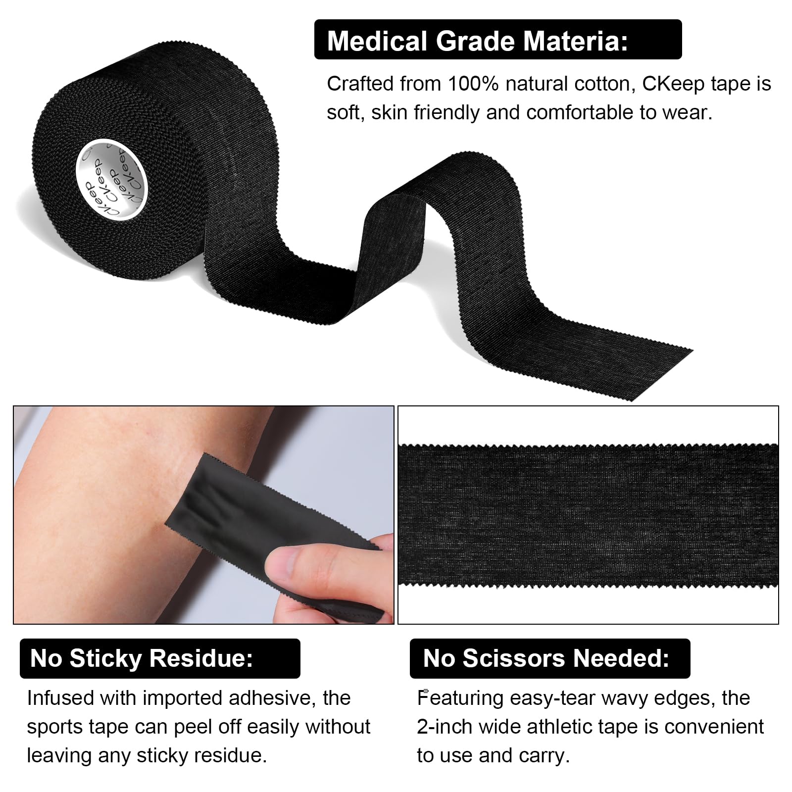 CKeep Black Athletic Tape (4 sztuki), 100 m na rolce, łatwa do łzawienia i nie pozostawia, podpierająca taśma sportowa do stresów i sprayów, hipoalergiczna i oddychająca