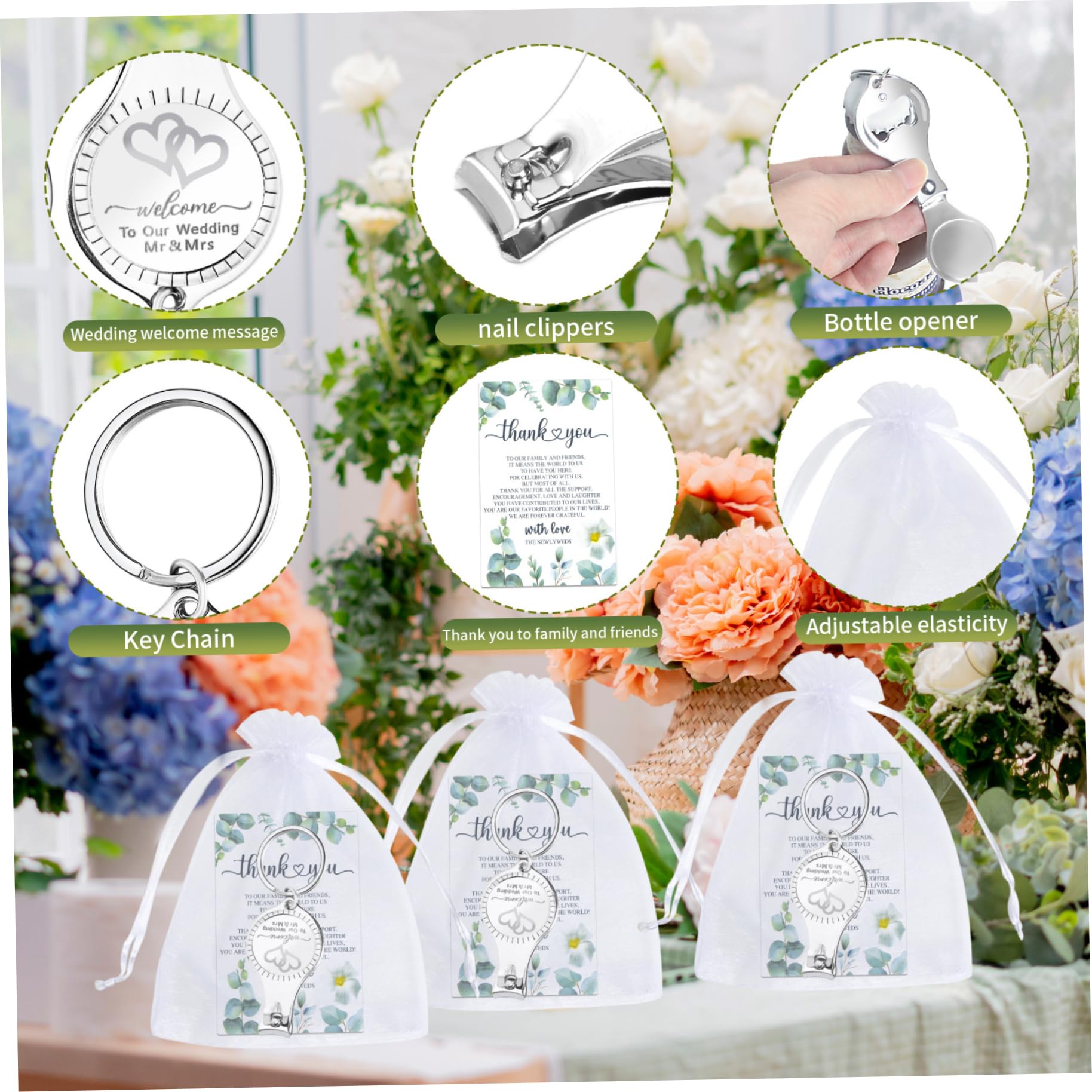 Hochzeitsgeschenke für Gäste, 50 Stück – Herz-Schlüsselanhänger mit Flaschenöffner und Nagelknipser, inklusive Dankeskarten, Organzabeutel